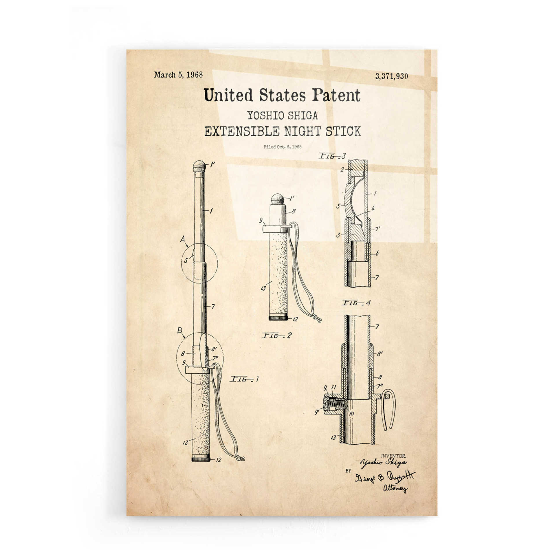 Epic Art 'Night Stick Blueprint Patent Parchment,' Acrylic Glass Wall Art,16x24