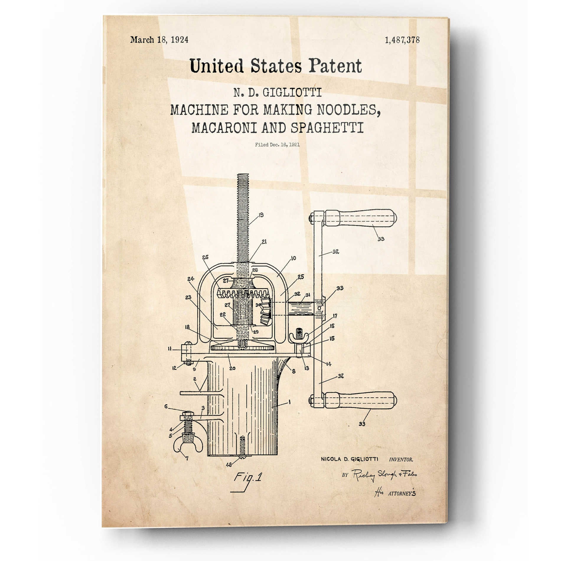 Epic Art 'Noodle Maker Blueprint Patent Parchment,' Acrylic Glass Wall Art,12x16