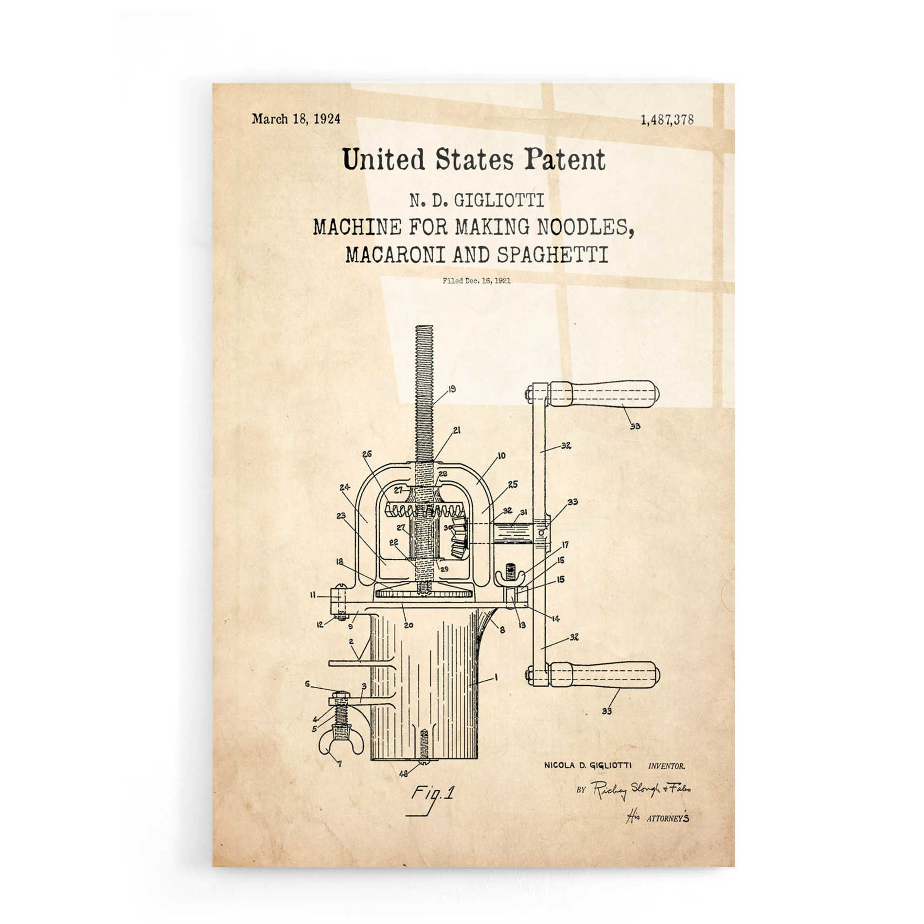 Epic Art 'Noodle Maker Blueprint Patent Parchment,' Acrylic Glass Wall Art,16x24