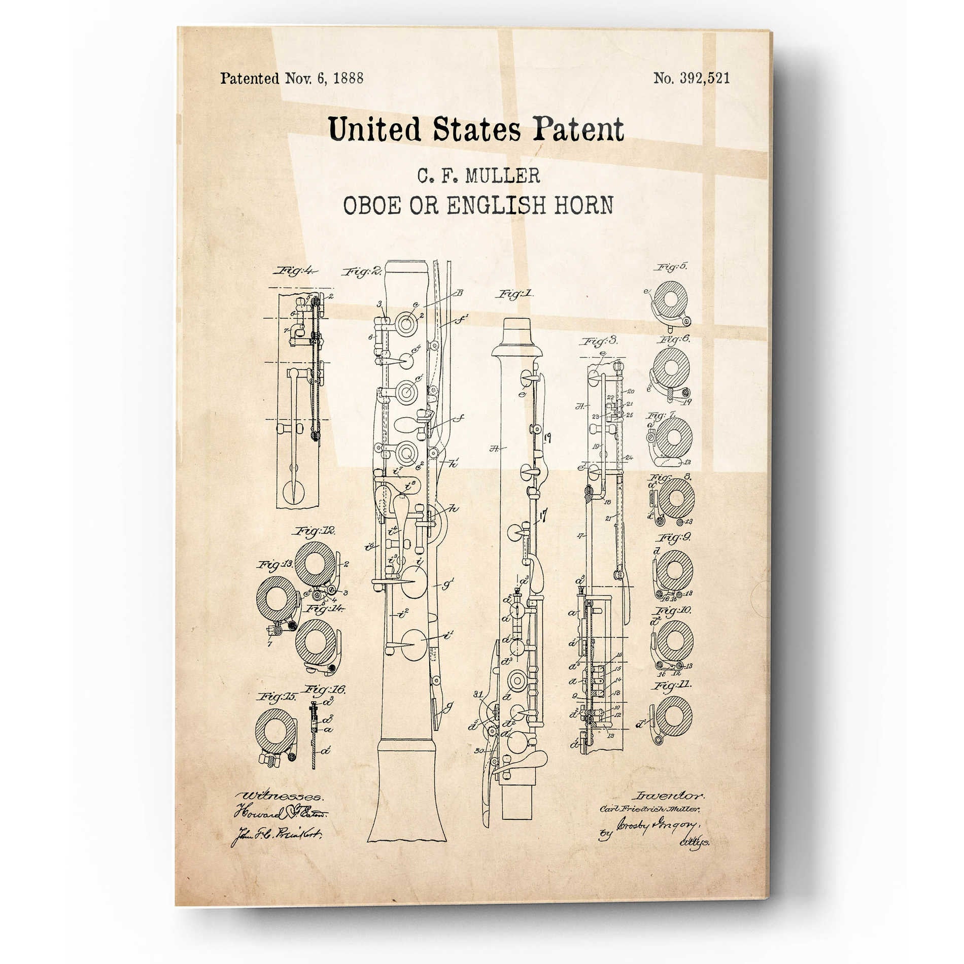 Epic Art 'Oboe Blueprint Patent Parchment,' Acrylic Glass Wall Art,12x16