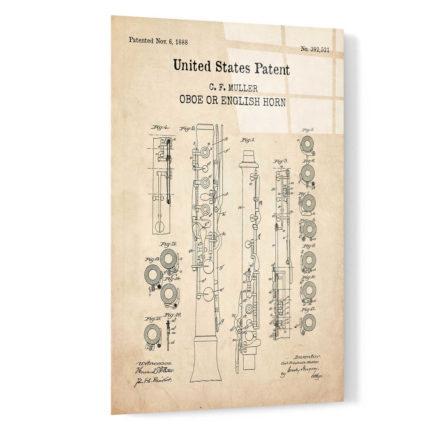 Epic Art 'Oboe Blueprint Patent Parchment,' Acrylic Glass Wall Art,16x24