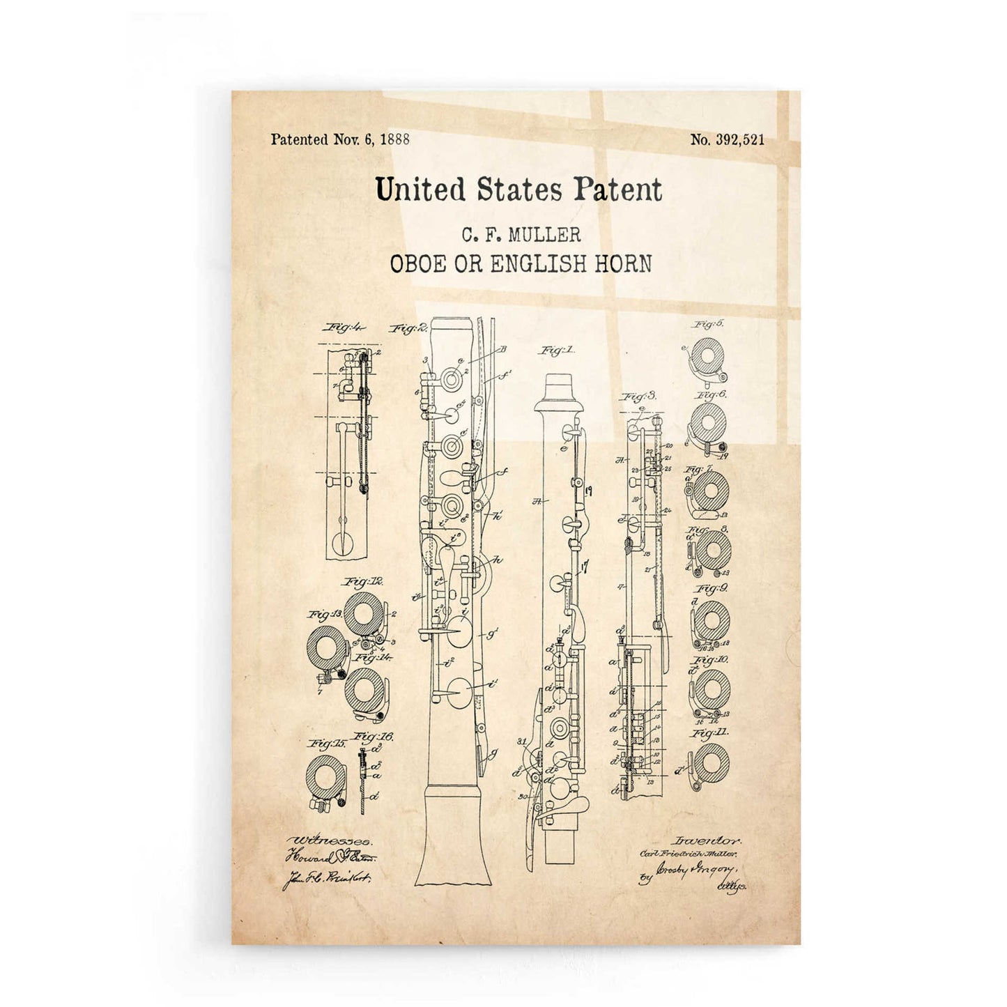 Epic Art 'Oboe Blueprint Patent Parchment,' Acrylic Glass Wall Art,16x24