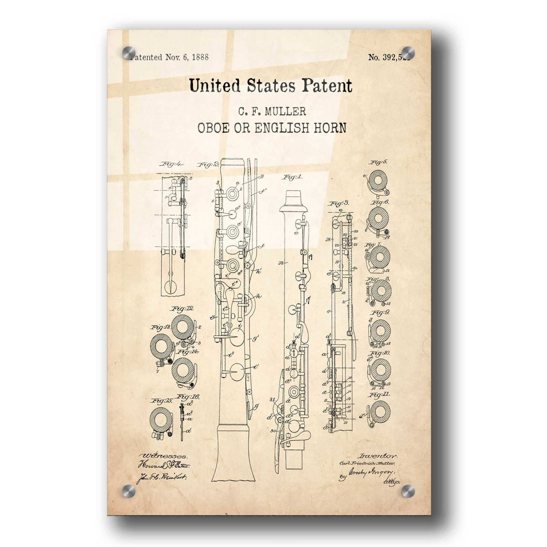 Epic Art 'Oboe Blueprint Patent Parchment,' Acrylic Glass Wall Art,24x36