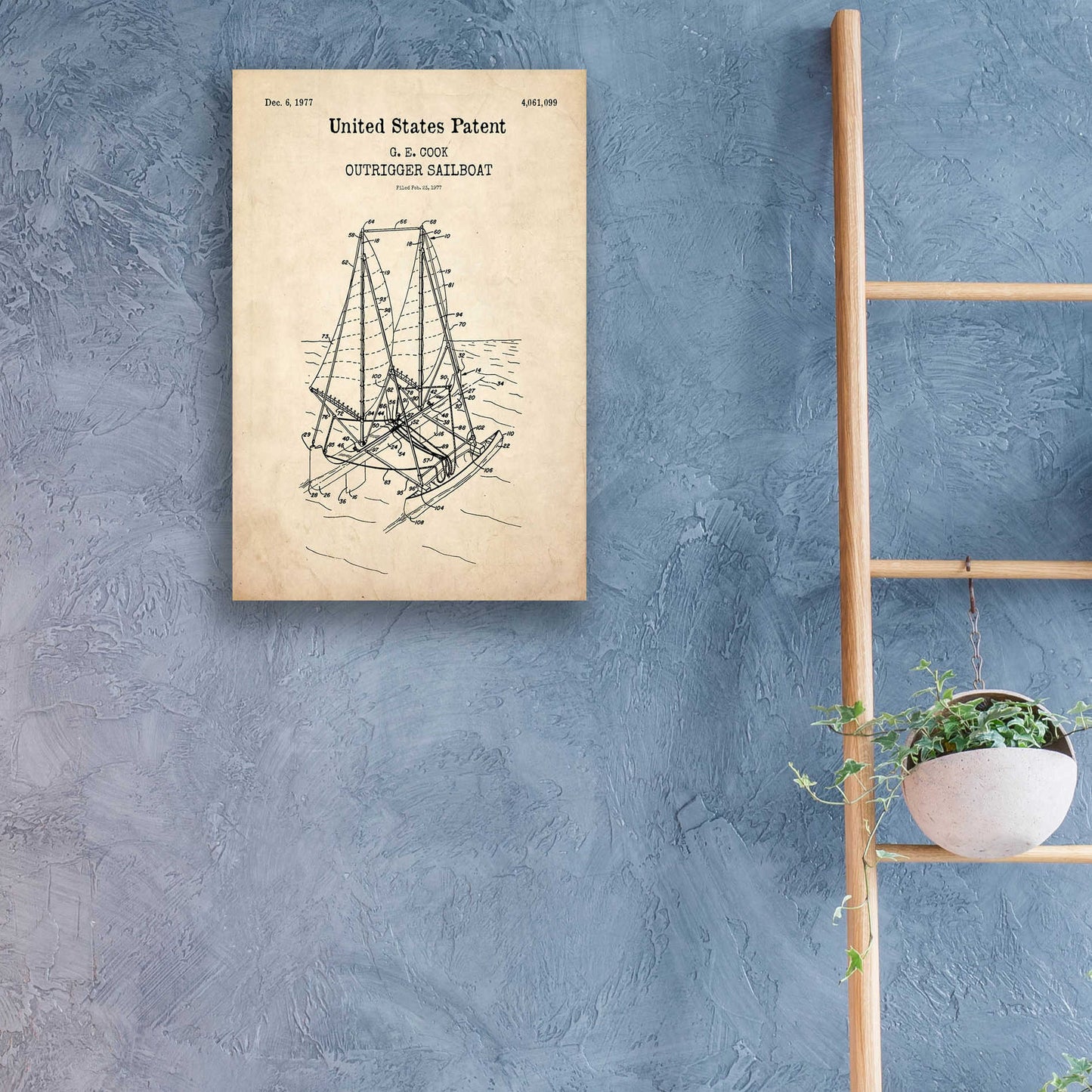Epic Art 'Outrigger Sailboat Blueprint Patent Parchment,' Acrylic Glass Wall Art,16x24