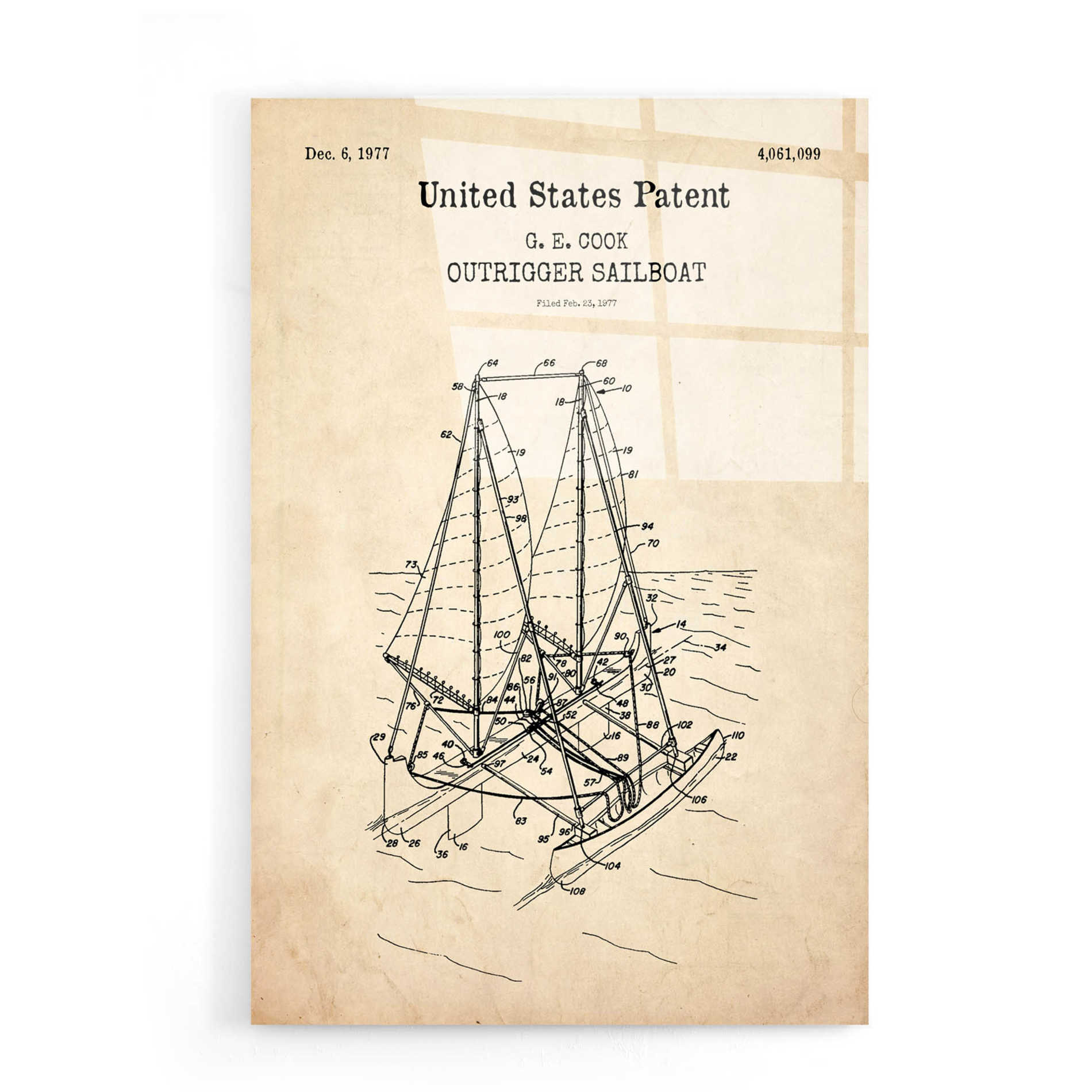 Epic Art 'Outrigger Sailboat Blueprint Patent Parchment,' Acrylic Glass Wall Art,16x24
