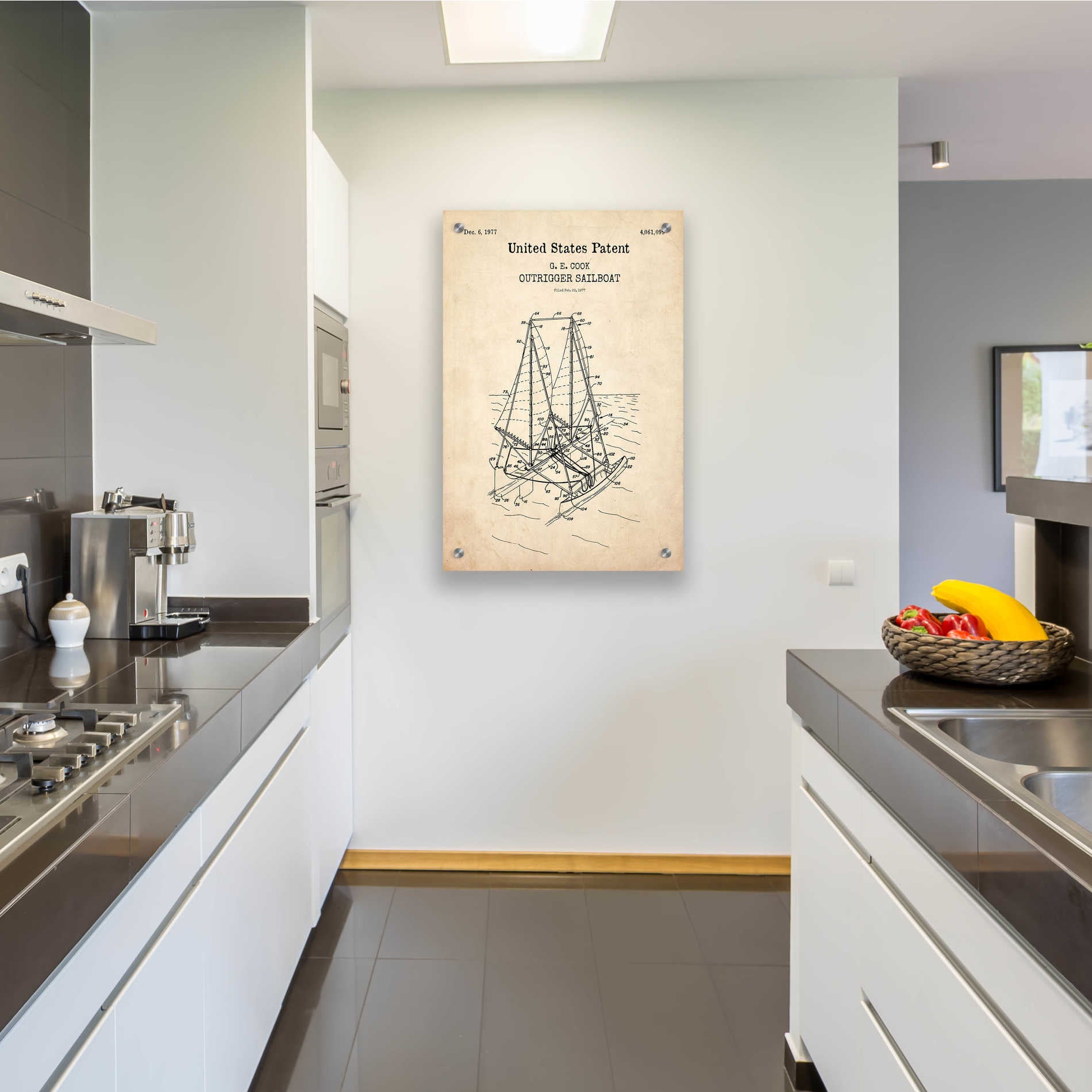 Epic Art 'Outrigger Sailboat Blueprint Patent Parchment,' Acrylic Glass Wall Art,24x36