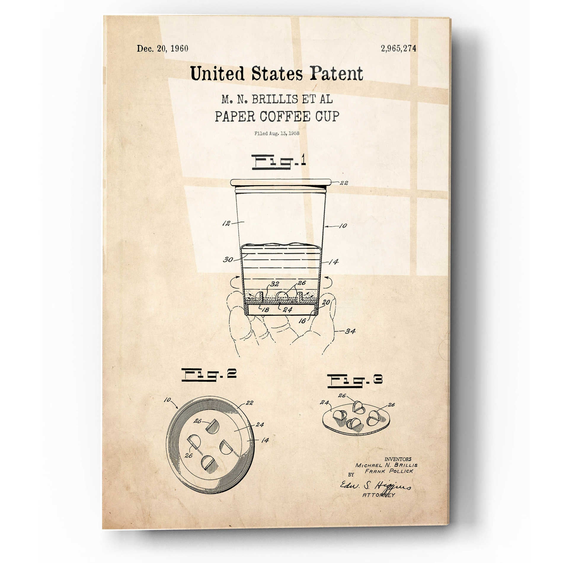 Epic Art 'Paper Coffee cup Blueprint Patent Parchment,' Acrylic Glass Wall Art,12x16