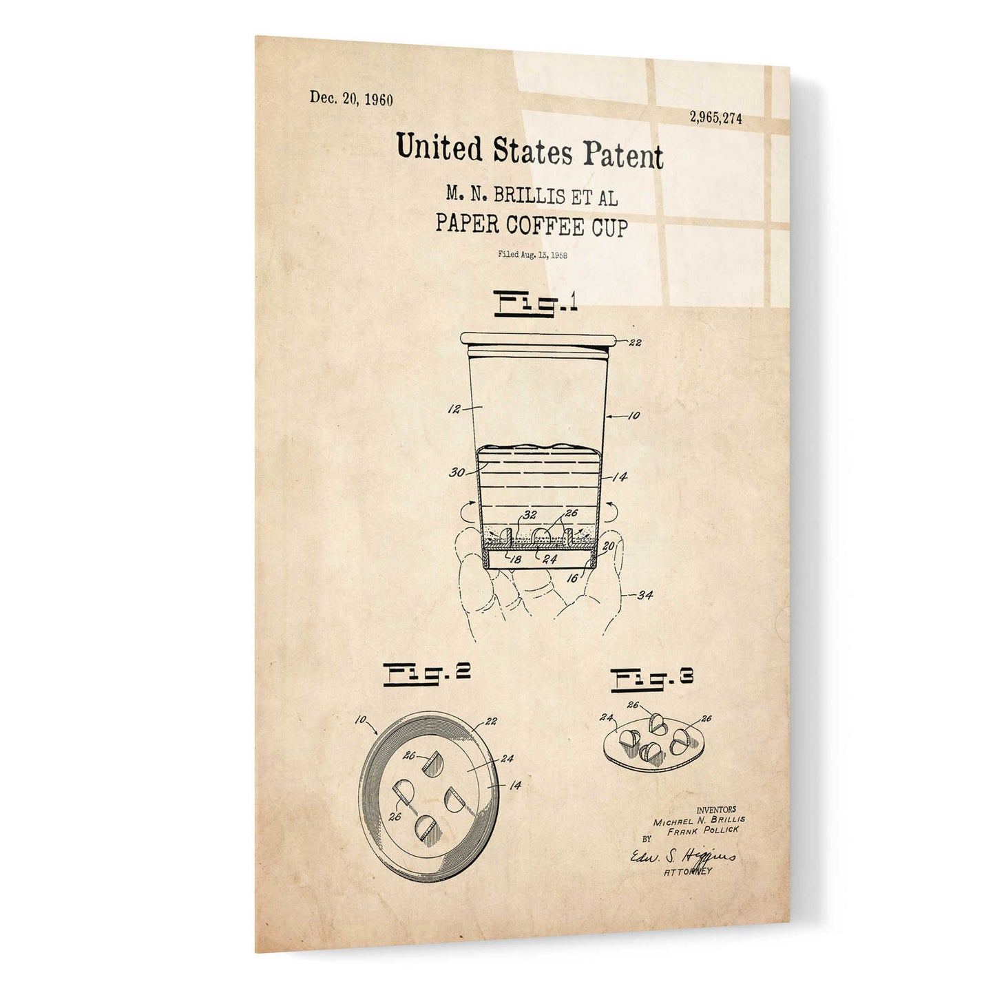 Epic Art 'Paper Coffee cup Blueprint Patent Parchment,' Acrylic Glass Wall Art,16x24