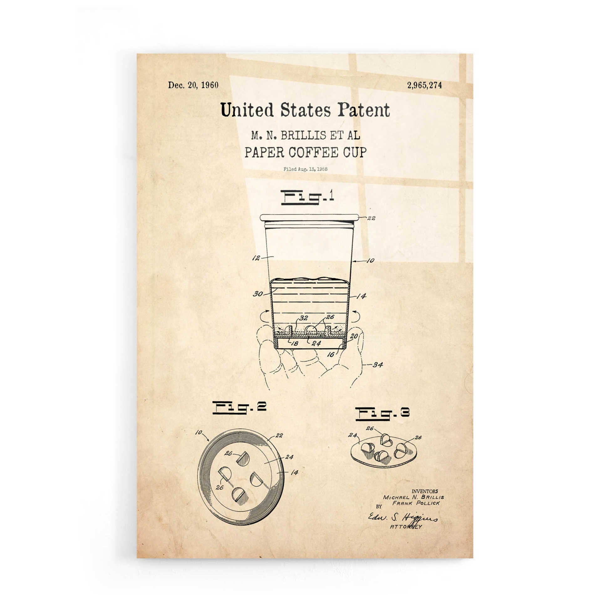 Epic Art 'Paper Coffee cup Blueprint Patent Parchment,' Acrylic Glass Wall Art,16x24