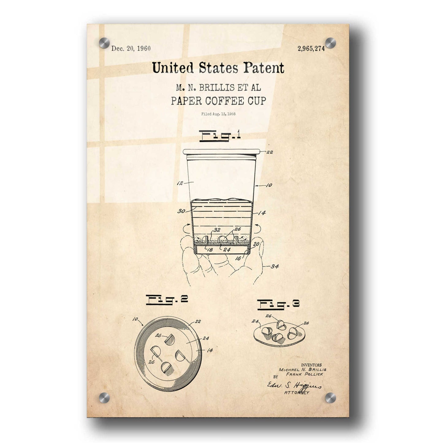 Epic Art 'Paper Coffee cup Blueprint Patent Parchment,' Acrylic Glass Wall Art,24x36