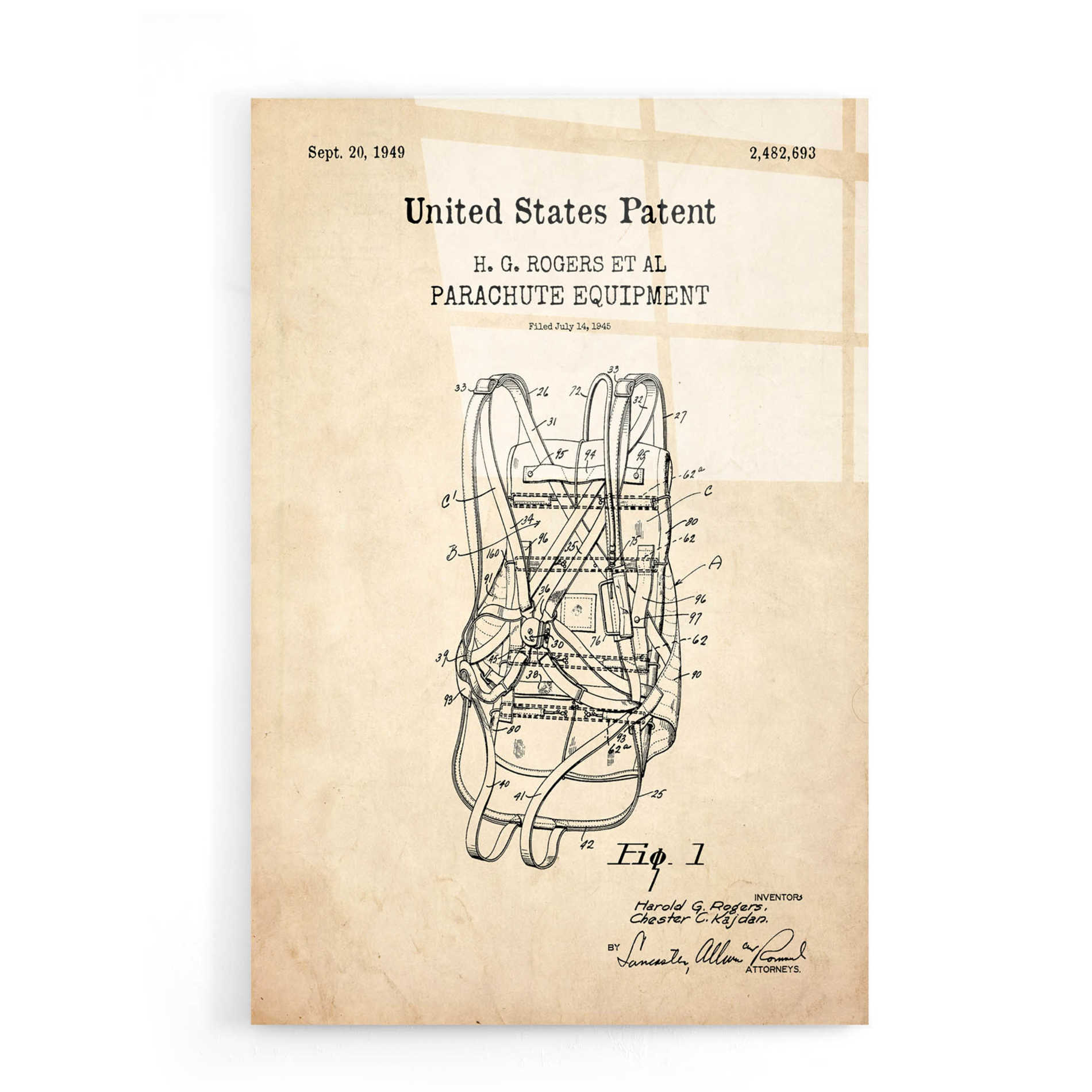 Epic Art 'Parachute Blueprint Patent Parchment,' Acrylic Glass Wall Art,16x24