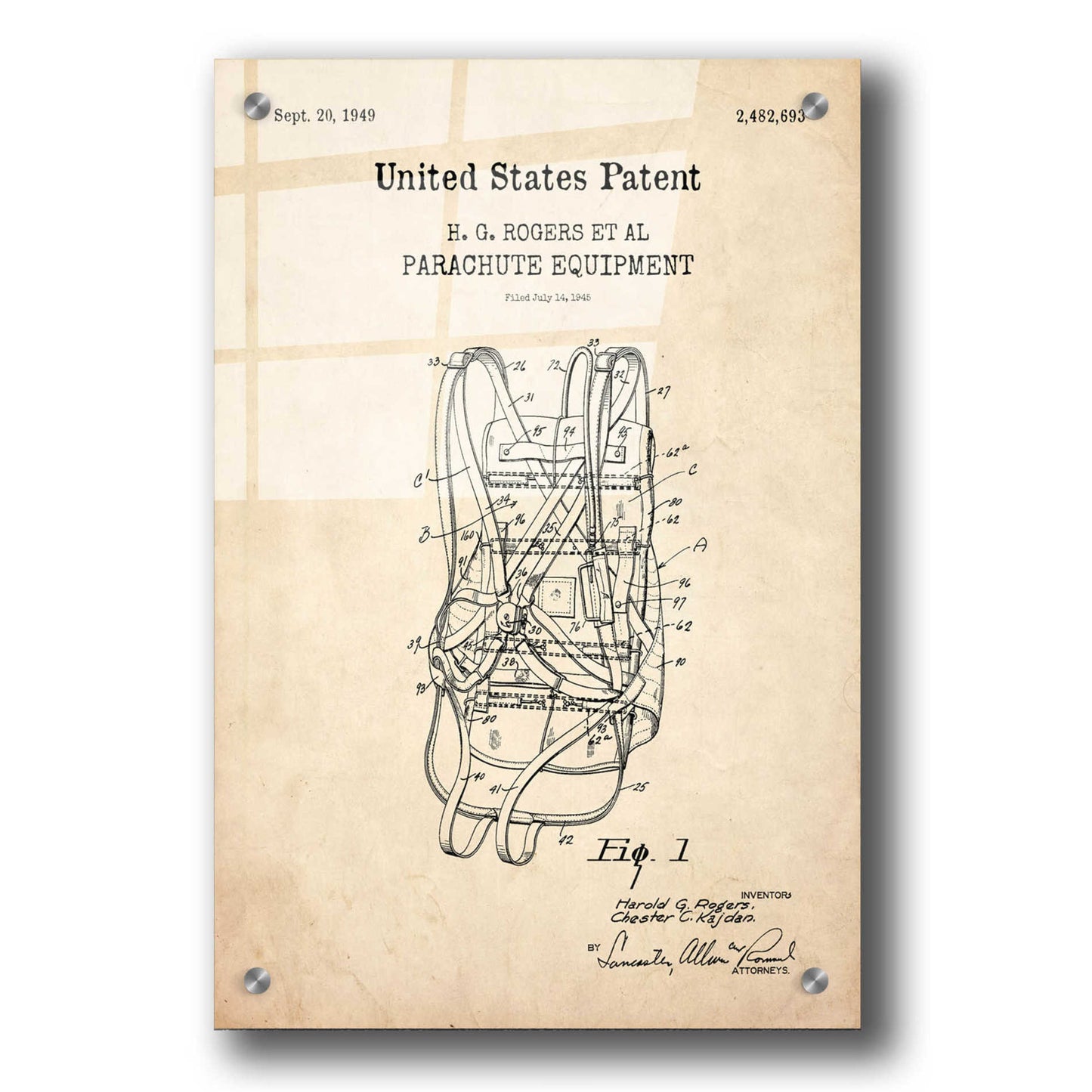 Epic Art 'Parachute Blueprint Patent Parchment,' Acrylic Glass Wall Art,24x36