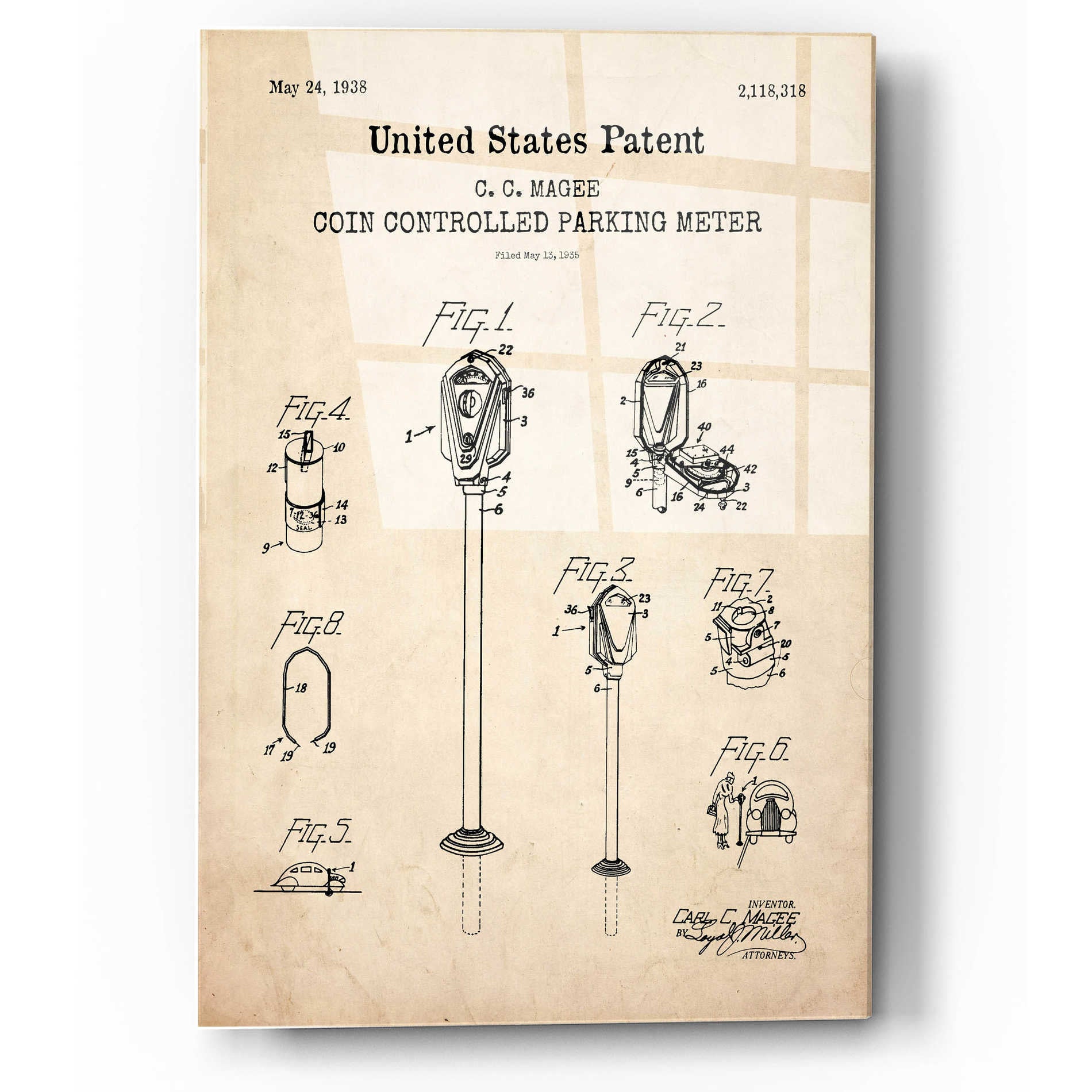 Epic Art 'Parking Meter Blueprint Patent Parchment,' Acrylic Glass Wall Art,12x16