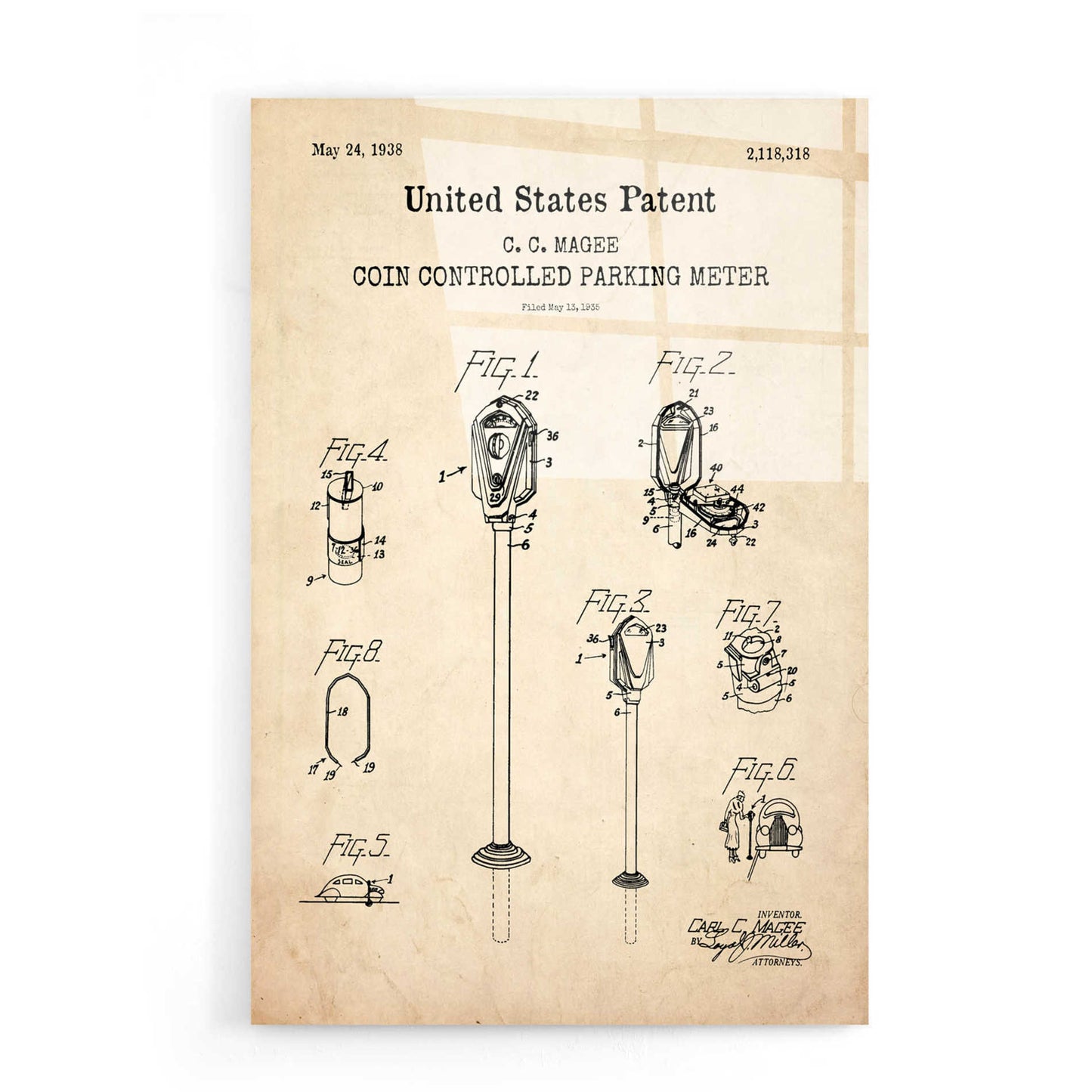 Epic Art 'Parking Meter Blueprint Patent Parchment,' Acrylic Glass Wall Art,16x24