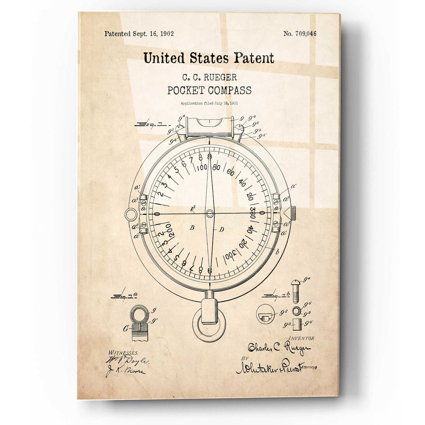 Epic Art 'Pocket Compass Blueprint Patent Parchment,' Acrylic Glass Wall Art,12x16