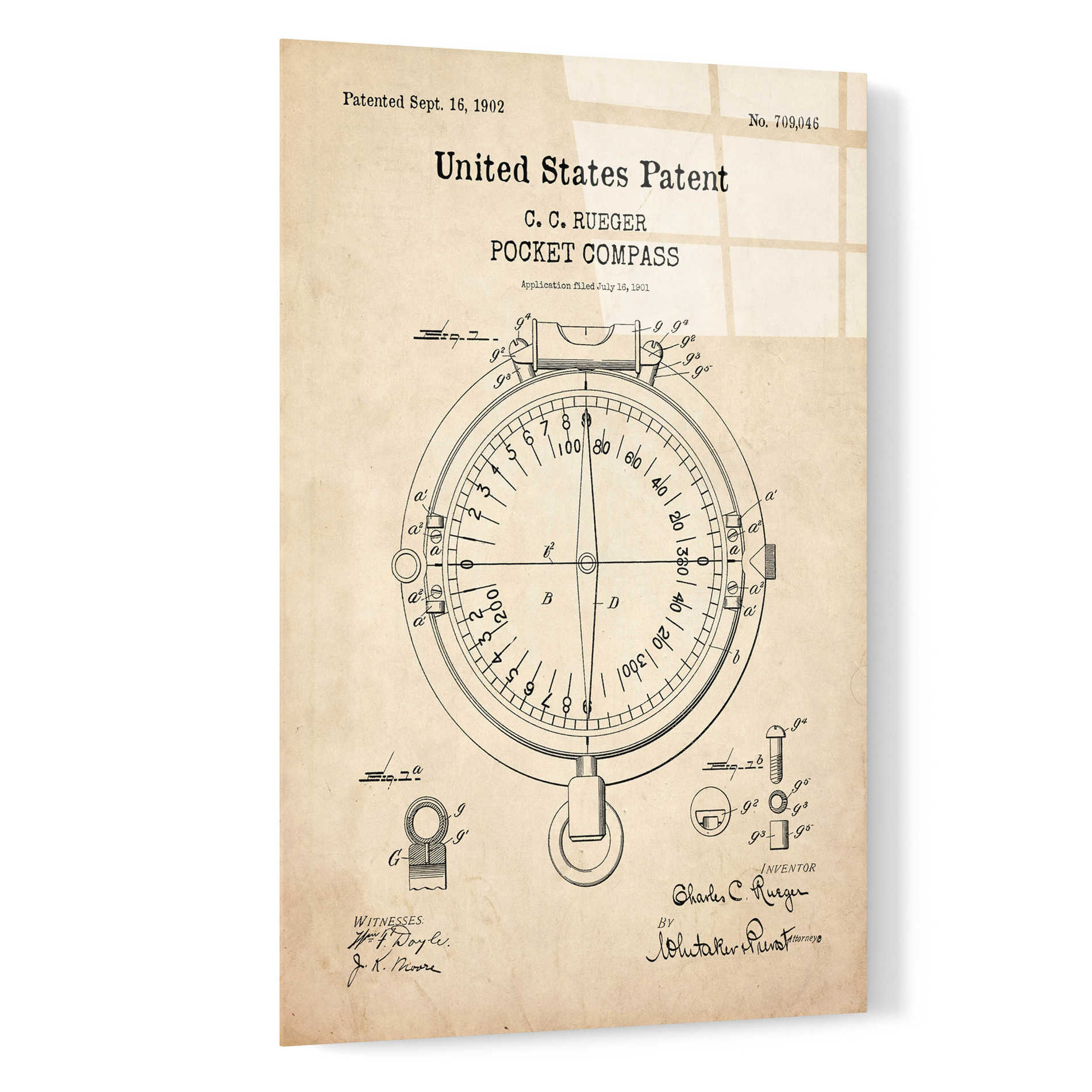 Epic Art 'Pocket Compass Blueprint Patent Parchment,' Acrylic Glass Wall Art,16x24