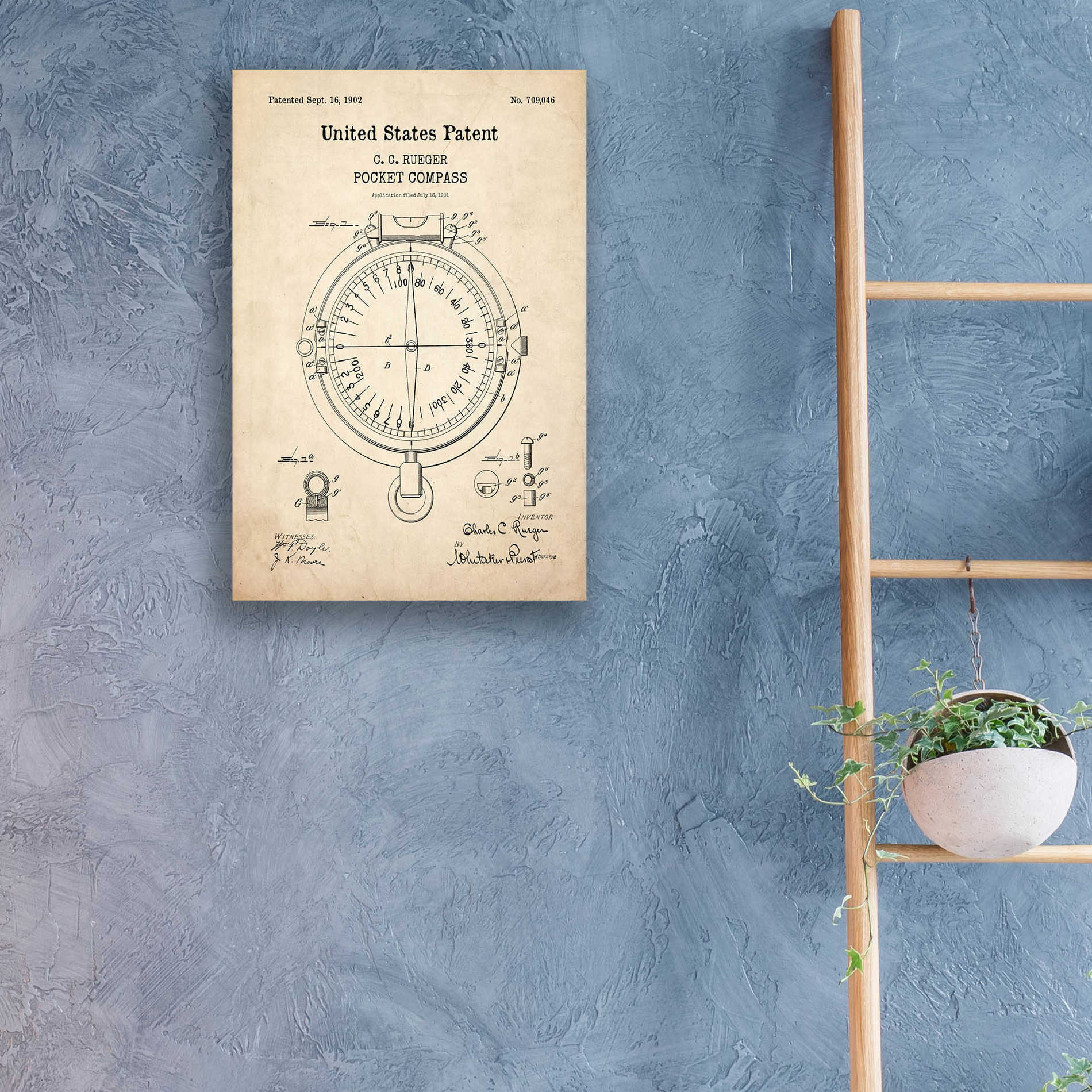 Epic Art 'Pocket Compass Blueprint Patent Parchment,' Acrylic Glass Wall Art,16x24