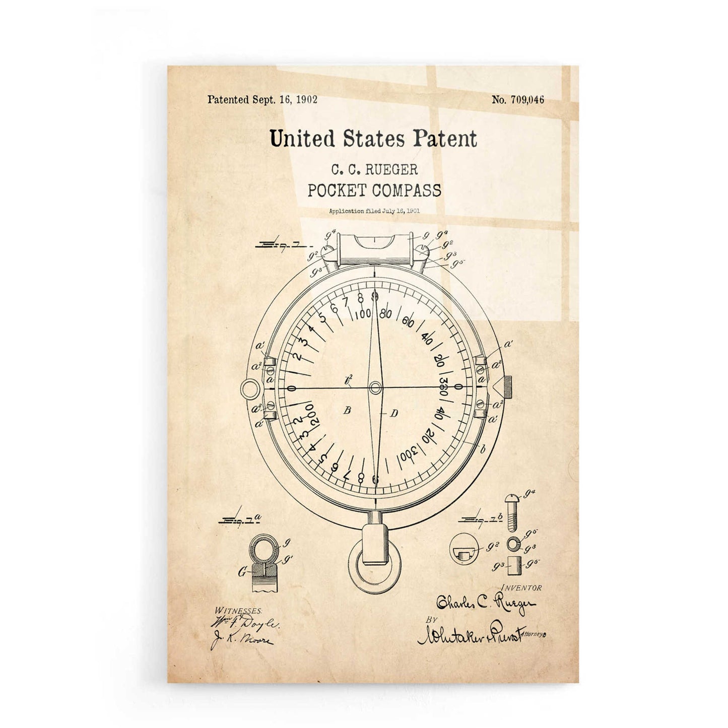 Epic Art 'Pocket Compass Blueprint Patent Parchment,' Acrylic Glass Wall Art,16x24