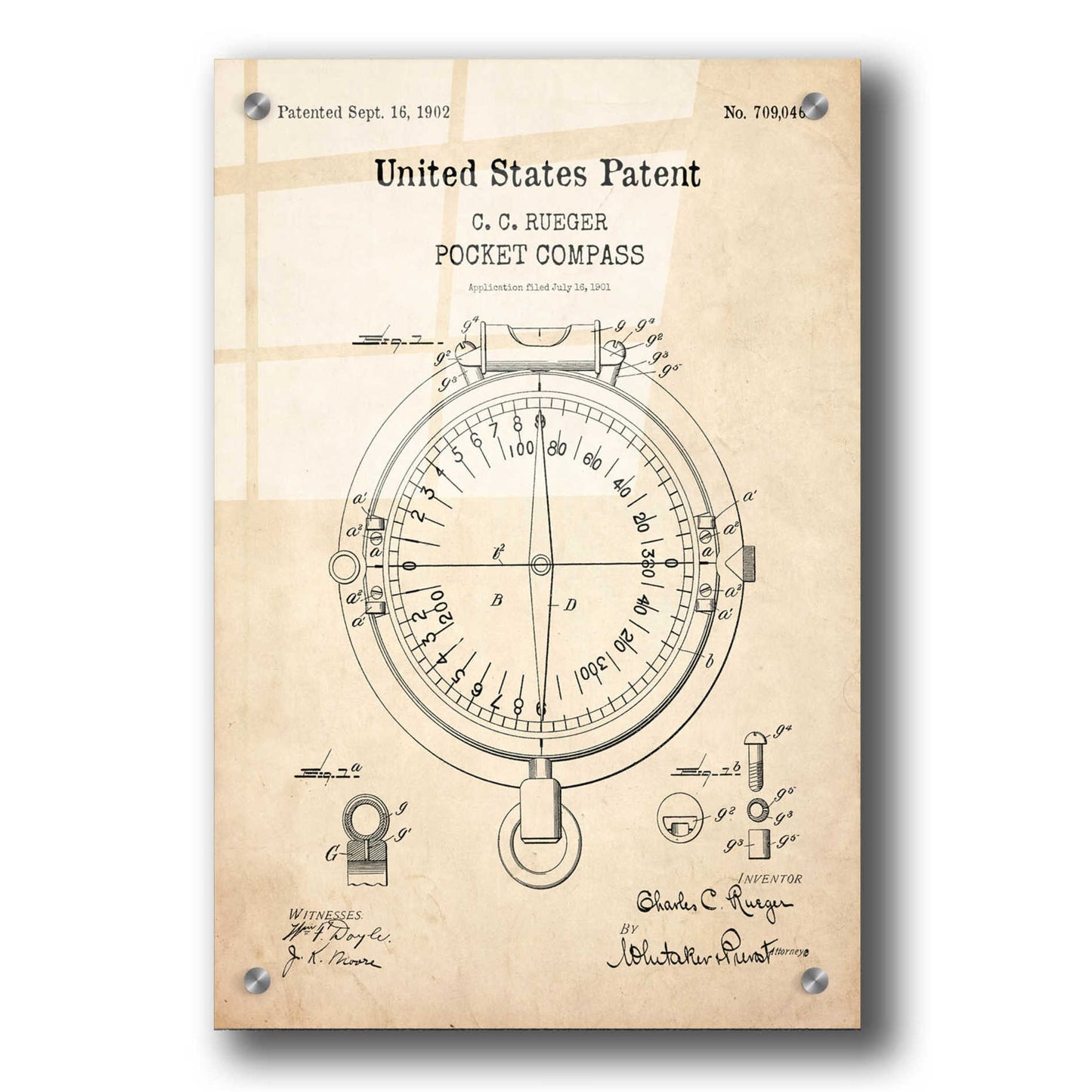 Epic Art 'Pocket Compass Blueprint Patent Parchment,' Acrylic Glass Wall Art,24x36