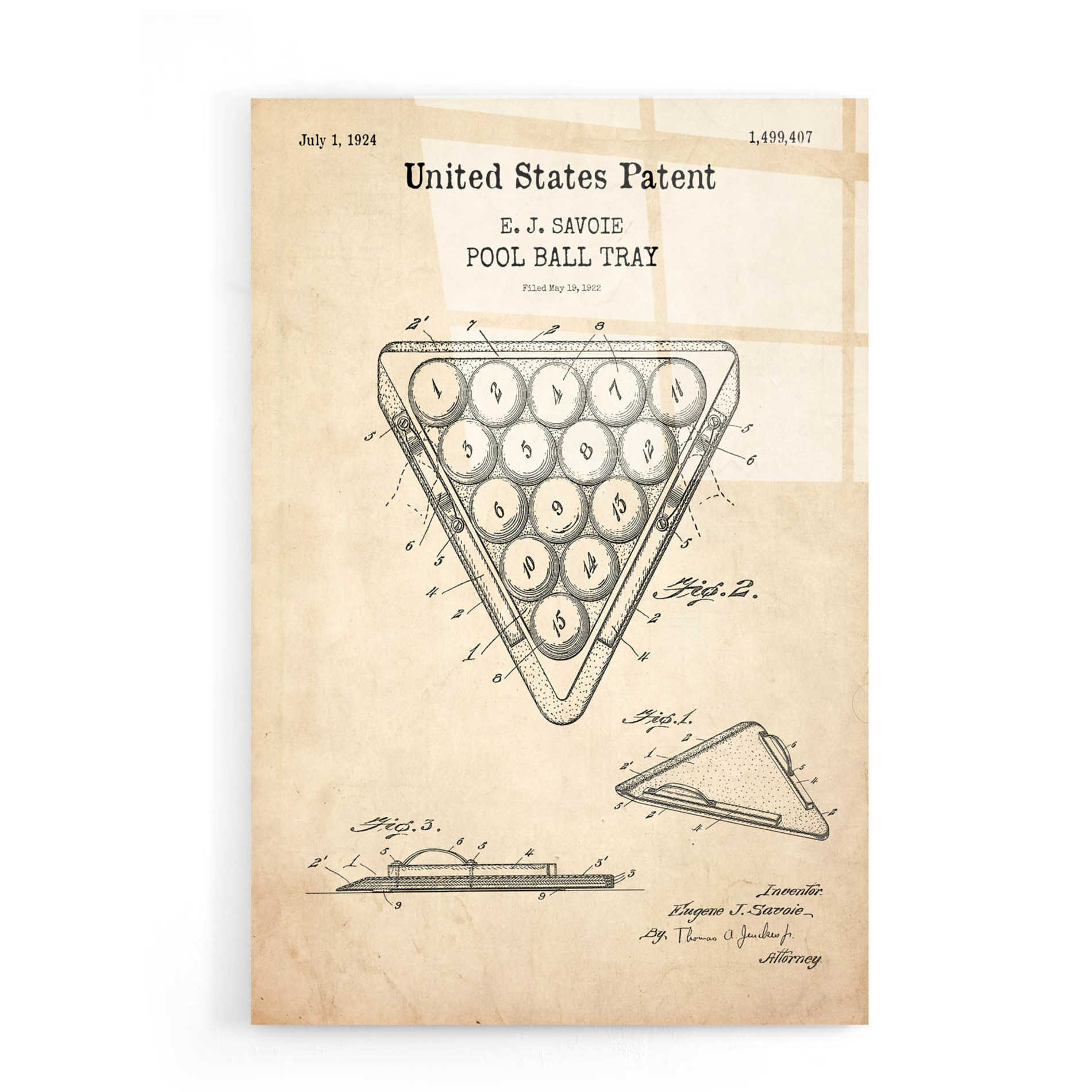 Epic Art 'Pool Ball Tray Blueprint Patent Parchment,' Acrylic Glass Wall Art,16x24