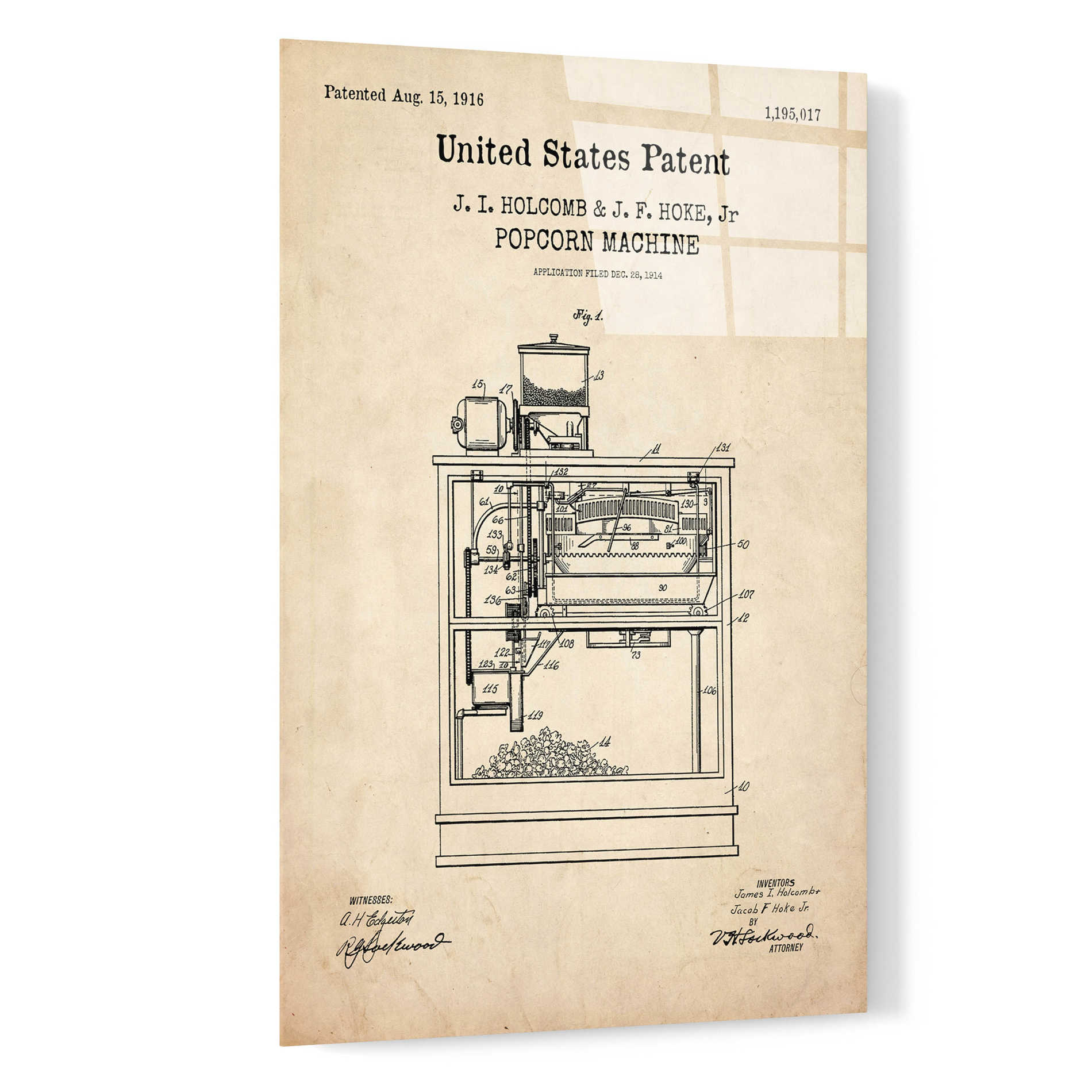 Epic Art 'Popcorn Machine Blueprint Patent Parchment,' Acrylic Glass Wall Art,16x24