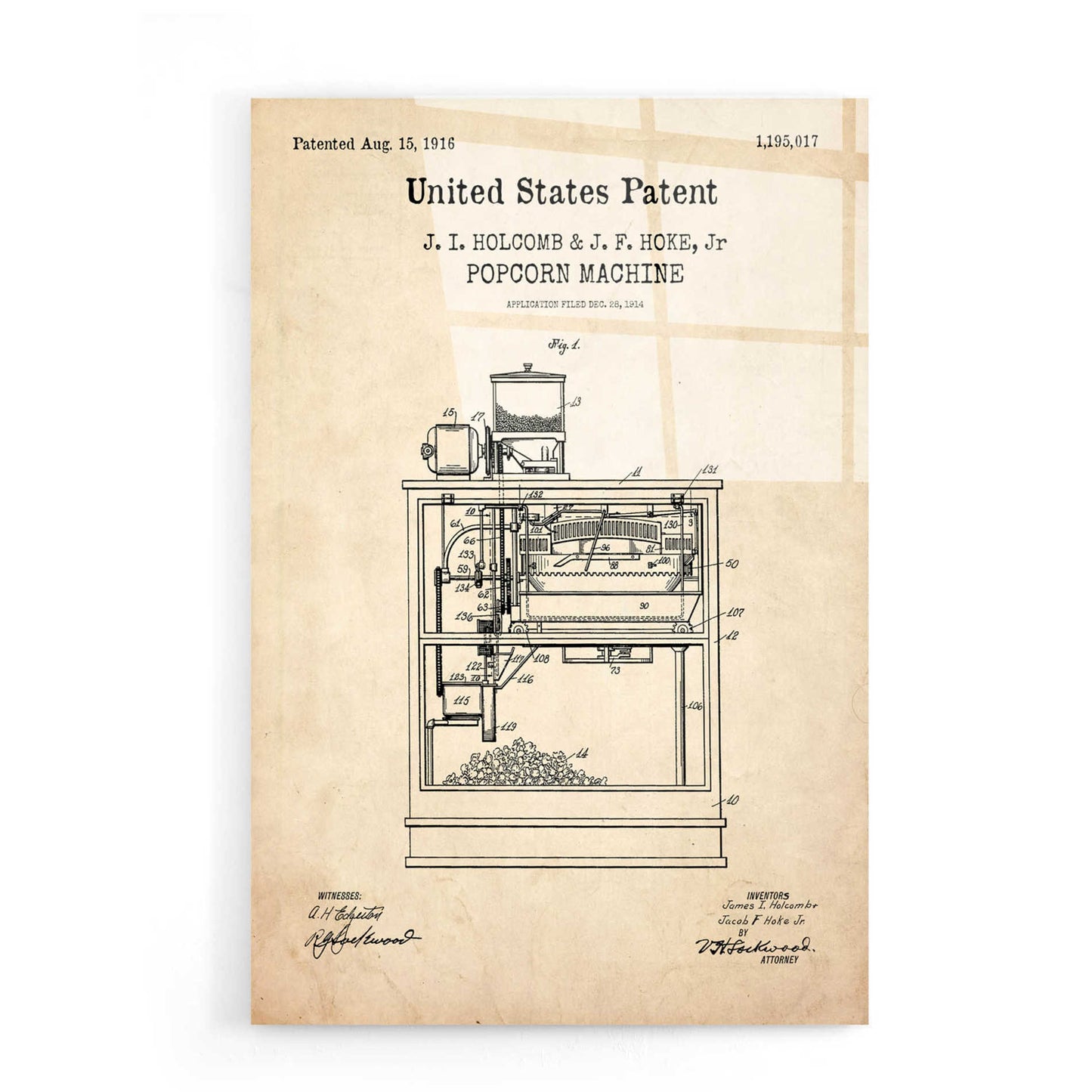 Epic Art 'Popcorn Machine Blueprint Patent Parchment,' Acrylic Glass Wall Art,16x24