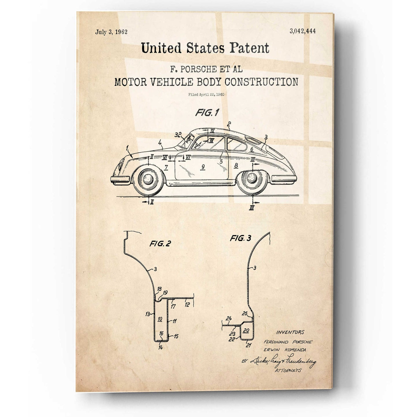 Epic Art 'Motor Vehicle Body Construction Blueprint Patent Parchment,' Acrylic Glass Wall Art,12x16