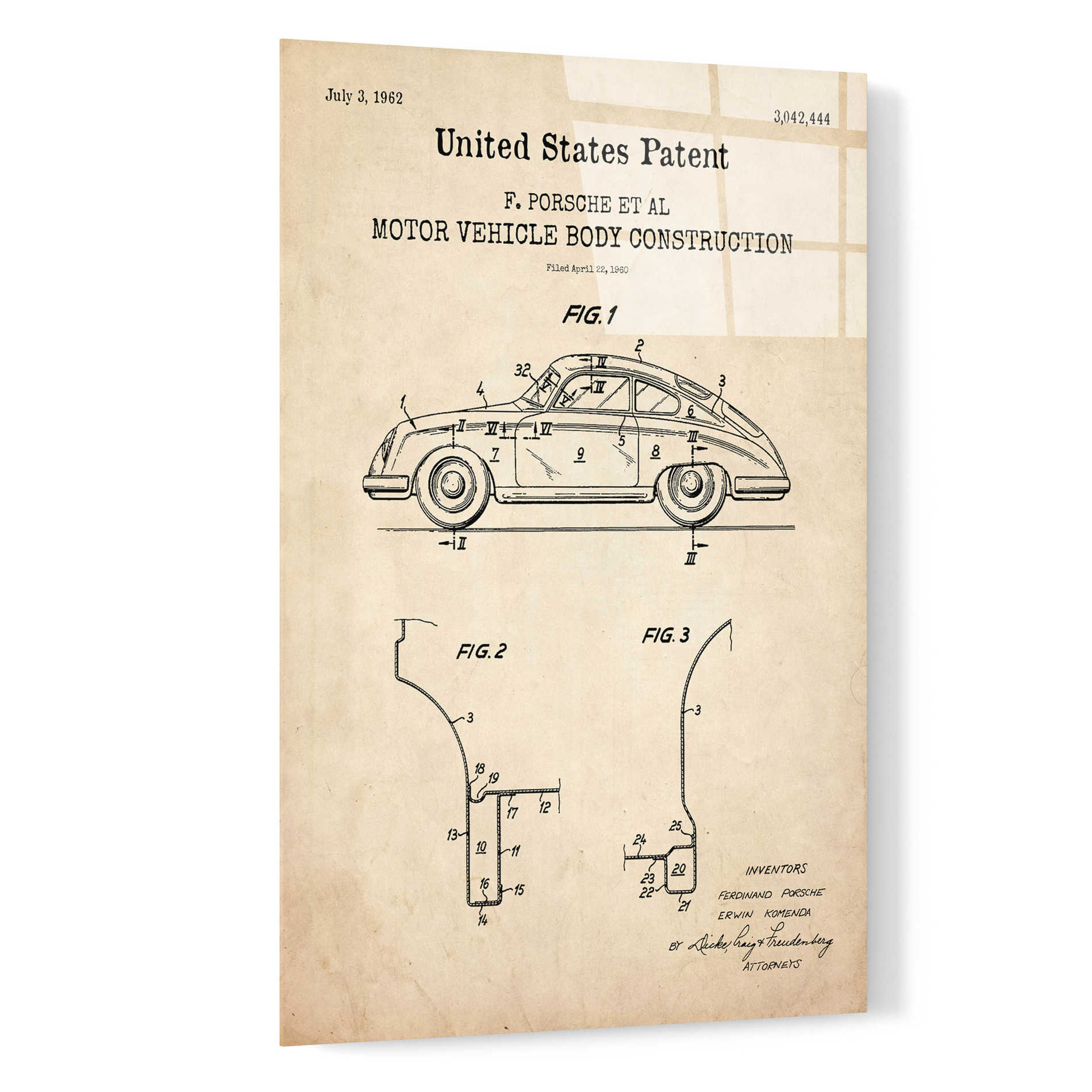 Epic Art 'Motor Vehicle Body Construction Blueprint Patent Parchment,' Acrylic Glass Wall Art,16x24
