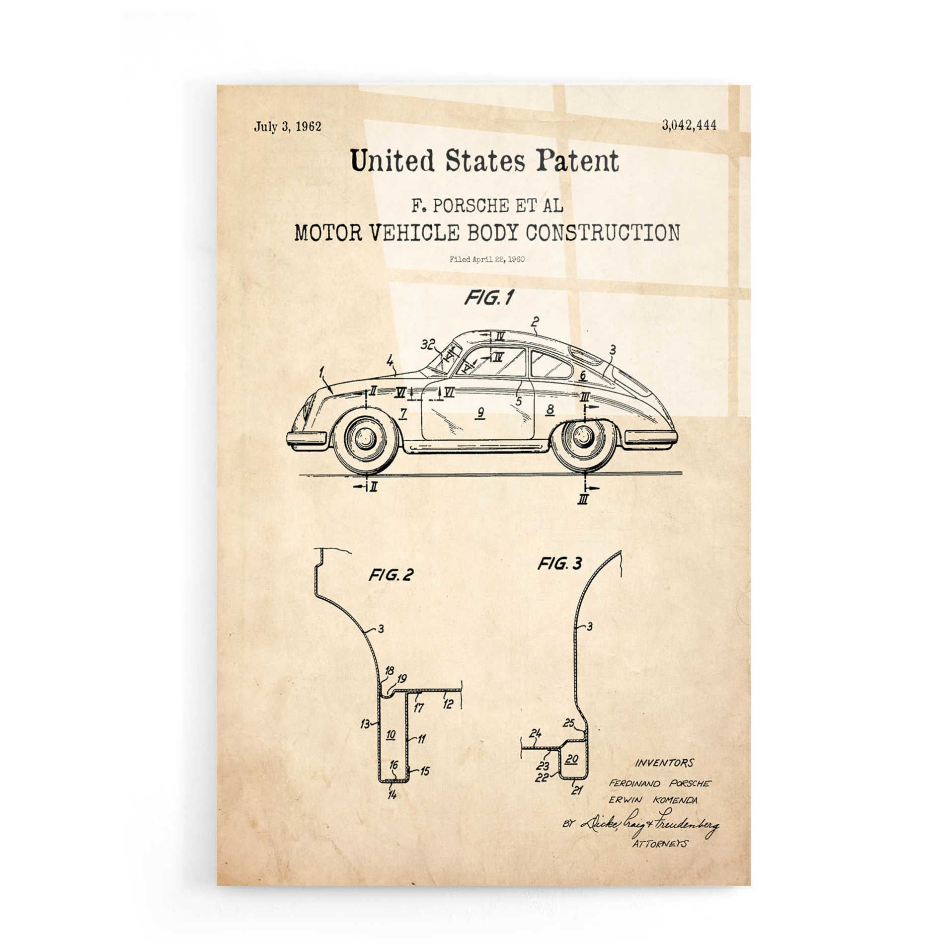 Epic Art 'Motor Vehicle Body Construction Blueprint Patent Parchment,' Acrylic Glass Wall Art,16x24