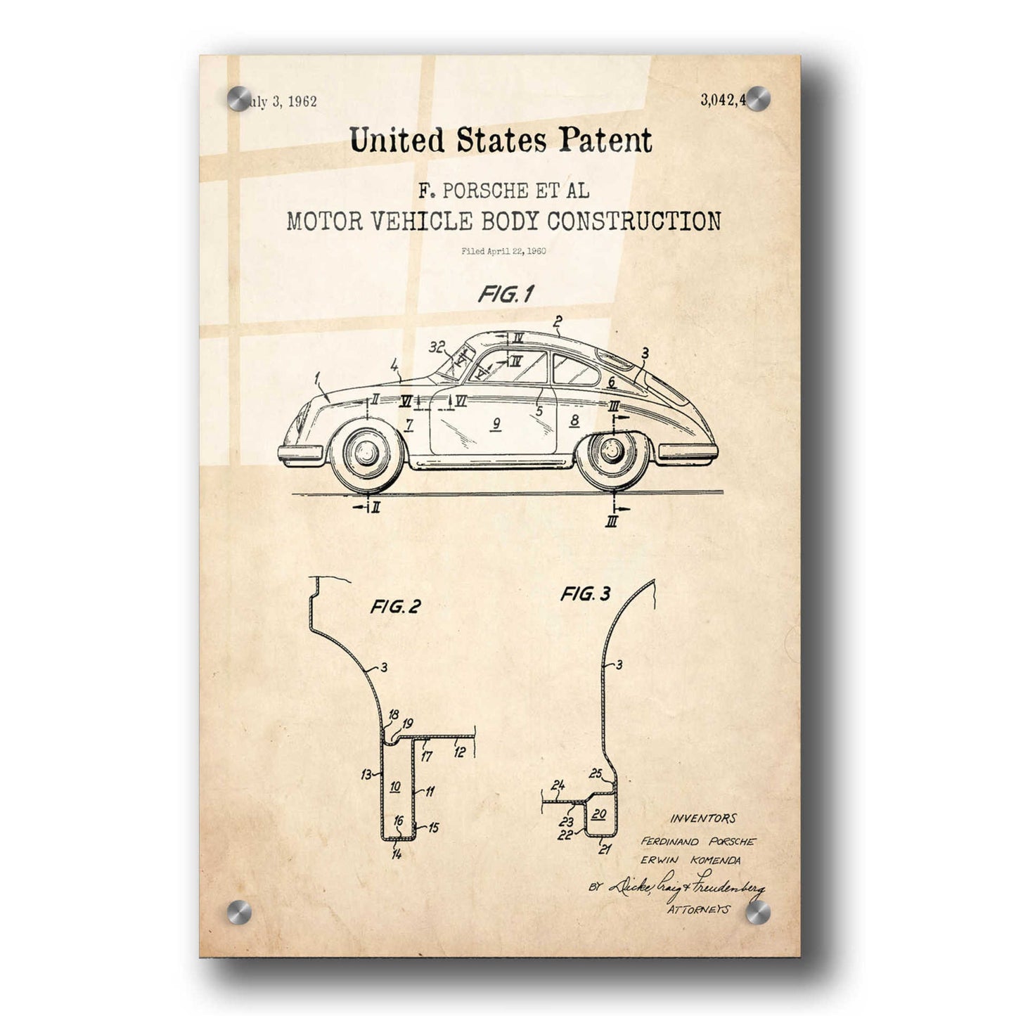 Epic Art 'Motor Vehicle Body Construction Blueprint Patent Parchment,' Acrylic Glass Wall Art,24x36