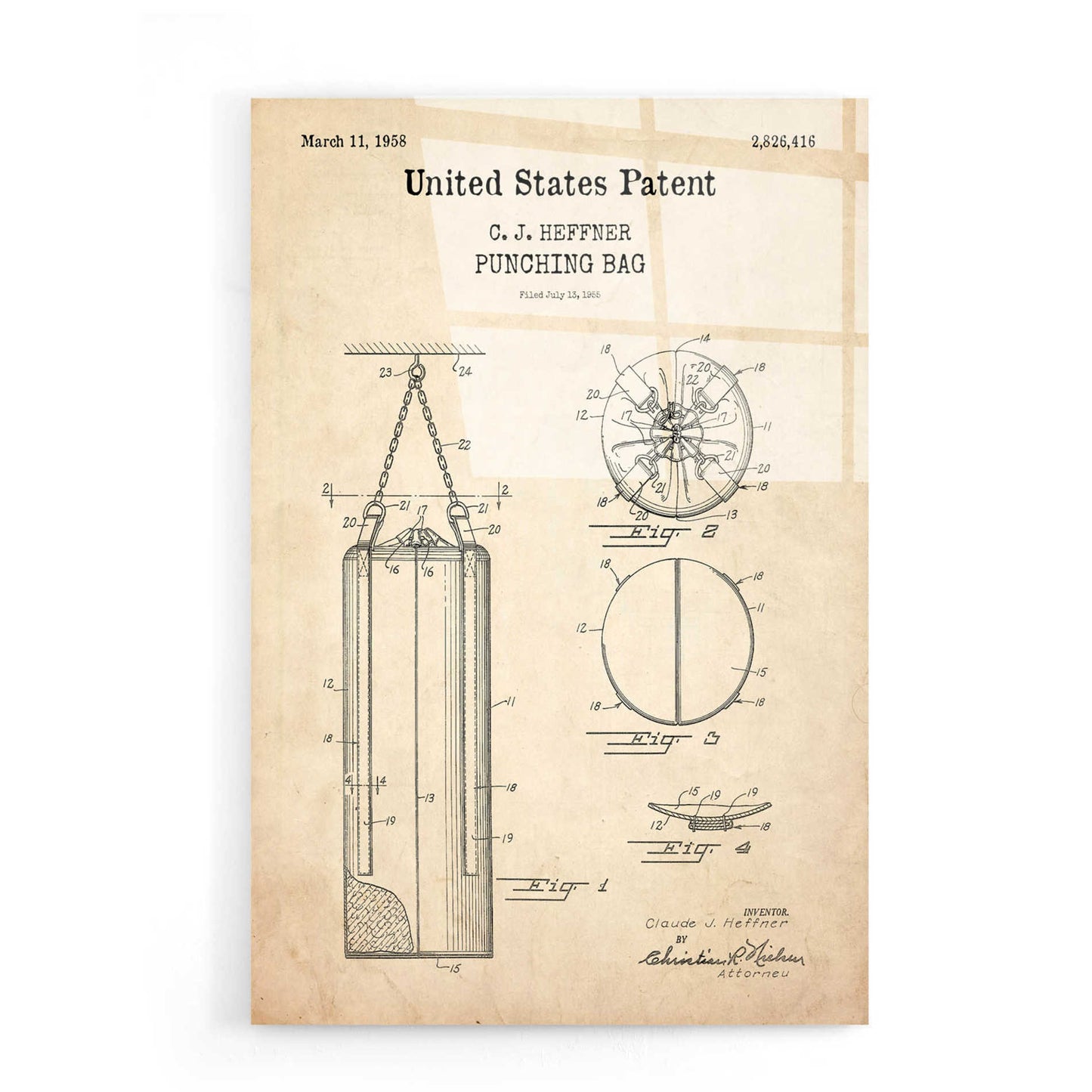 Epic Art 'Punching Bag Blueprint Patent Parchment,' Acrylic Glass Wall Art,16x24