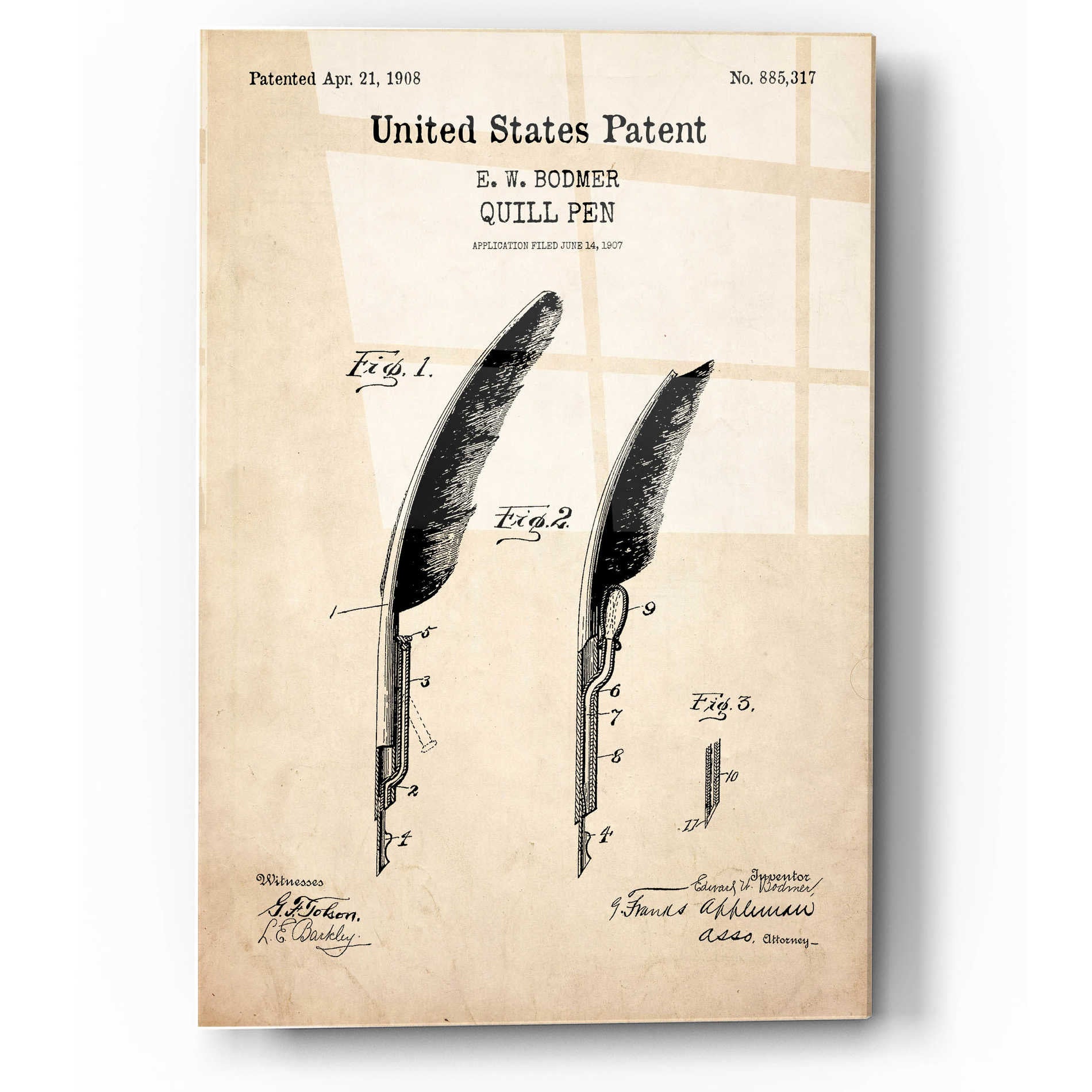 Epic Art 'Quill Pen Blueprint Patent Parchment,' Acrylic Glass Wall Art,12x16