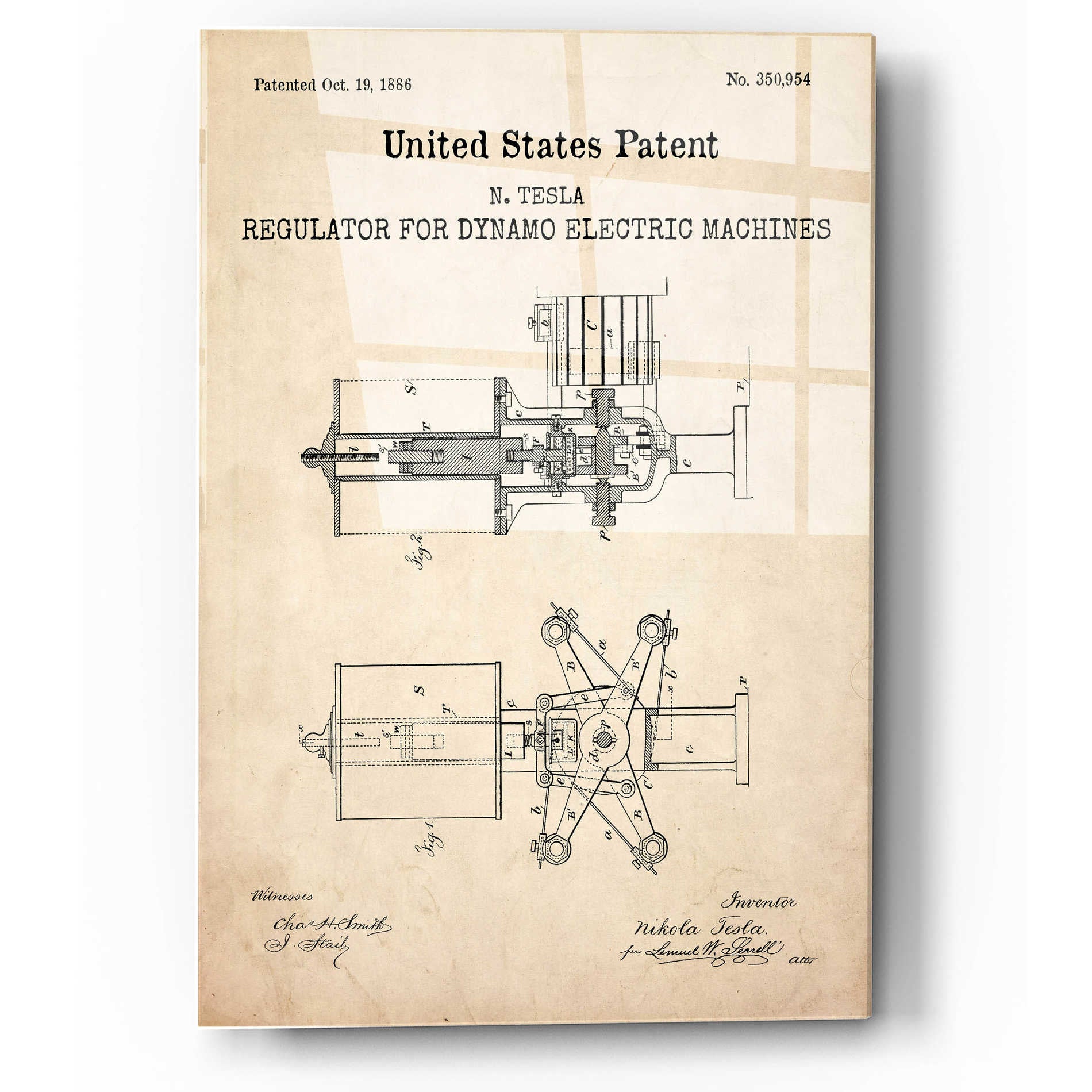 Epic Art 'Tesla's Regulator for Electric Machines Blueprint Patent Parchment,' Acrylic Glass Wall Art,12x16