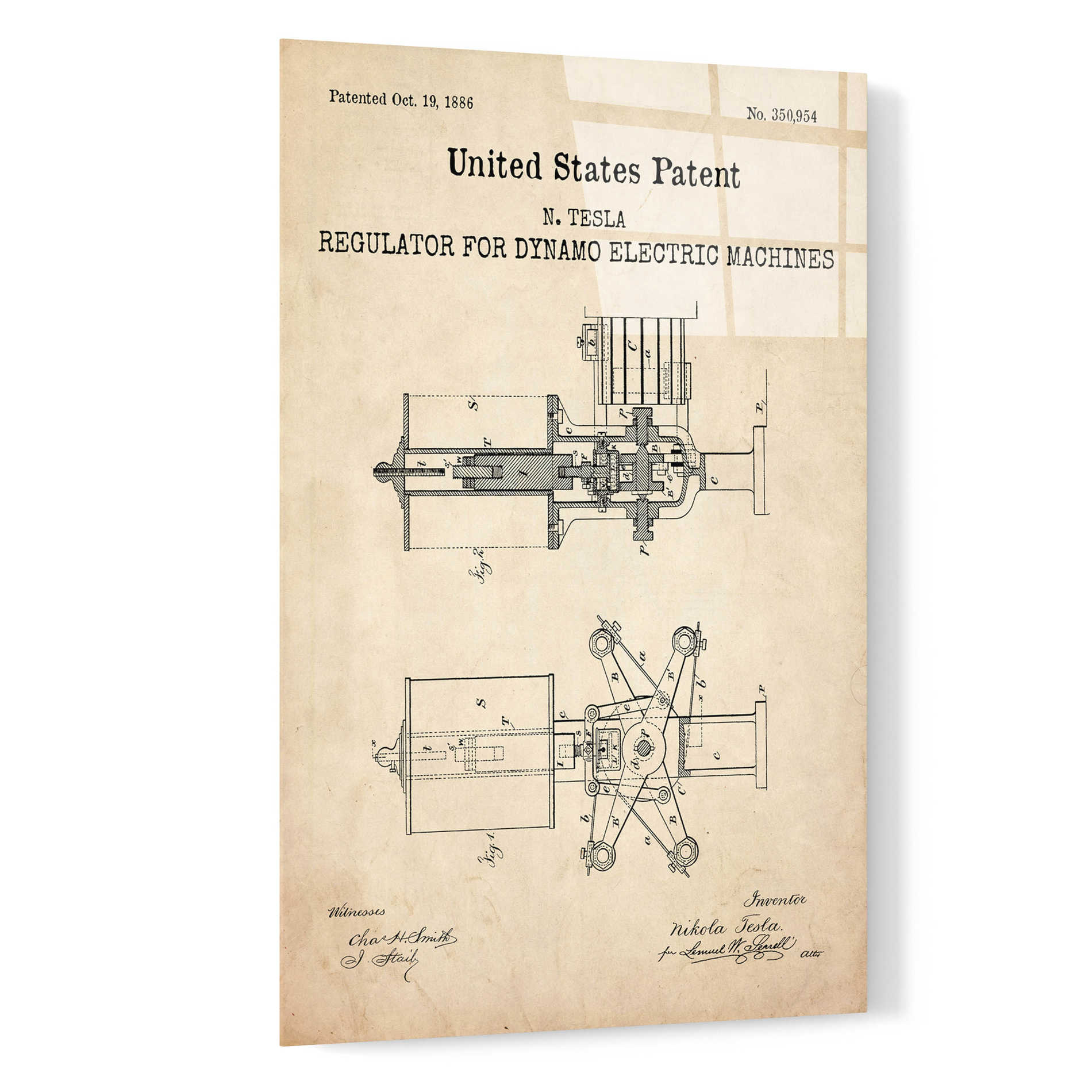 Epic Art 'Tesla's Regulator for Electric Machines Blueprint Patent Parchment,' Acrylic Glass Wall Art,16x24