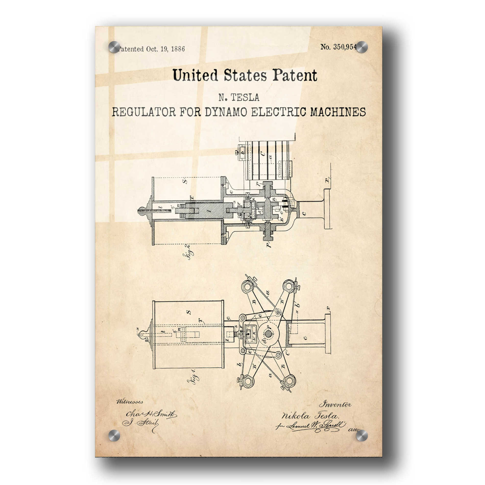 Epic Art 'Tesla's Regulator for Electric Machines Blueprint Patent Parchment,' Acrylic Glass Wall Art,24x36