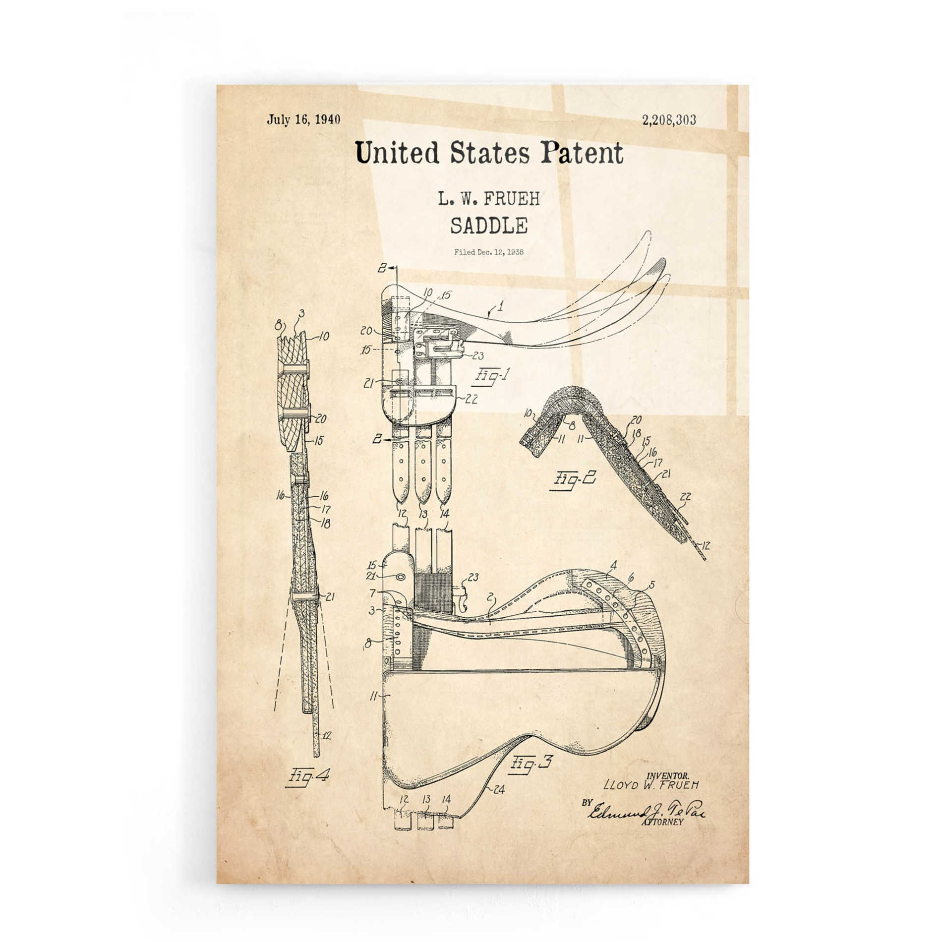 Epic Art 'Saddle Blueprint Patent Parchment,' Acrylic Glass Wall Art,16x24