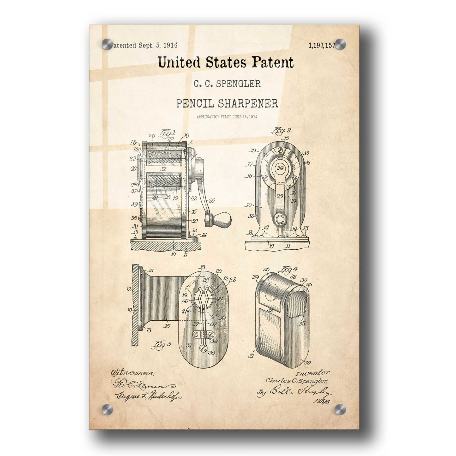 Epic Art 'Pencil Sharpener Blueprint Patent Parchment,' Acrylic Glass Wall Art,24x36