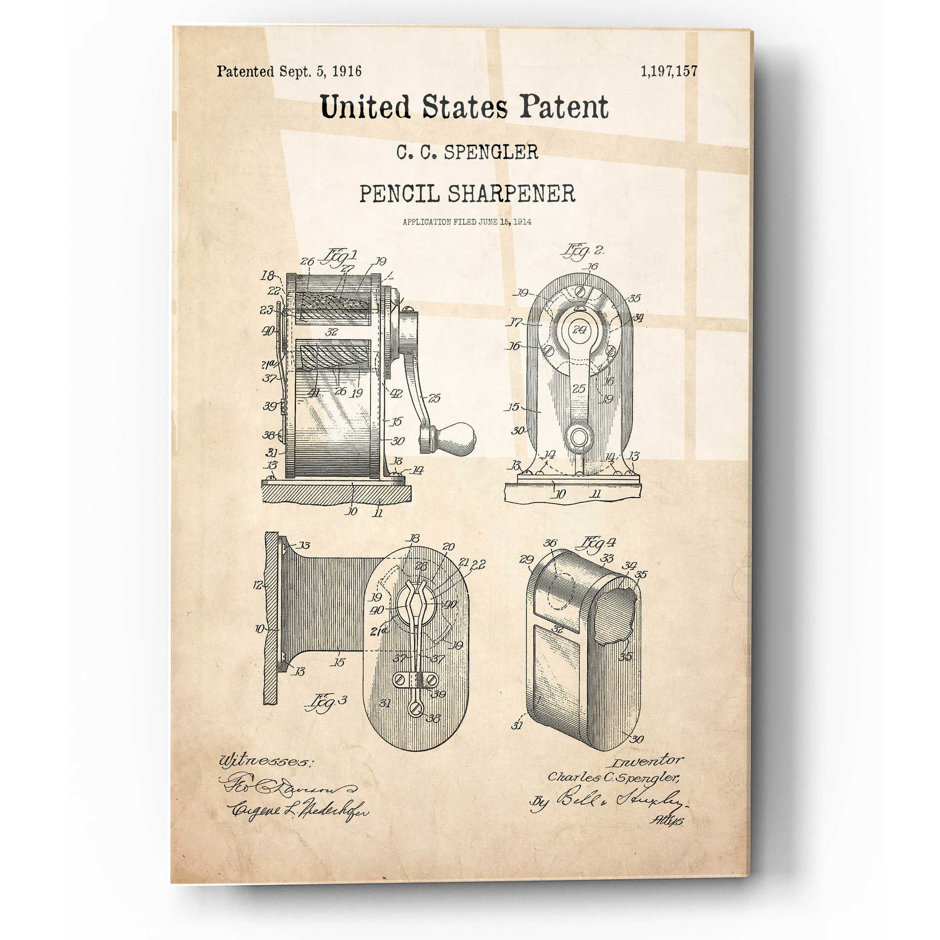 Epic Art 'Pencil Sharpener Blueprint Patent Parchment,' Acrylic Glass Wall Art