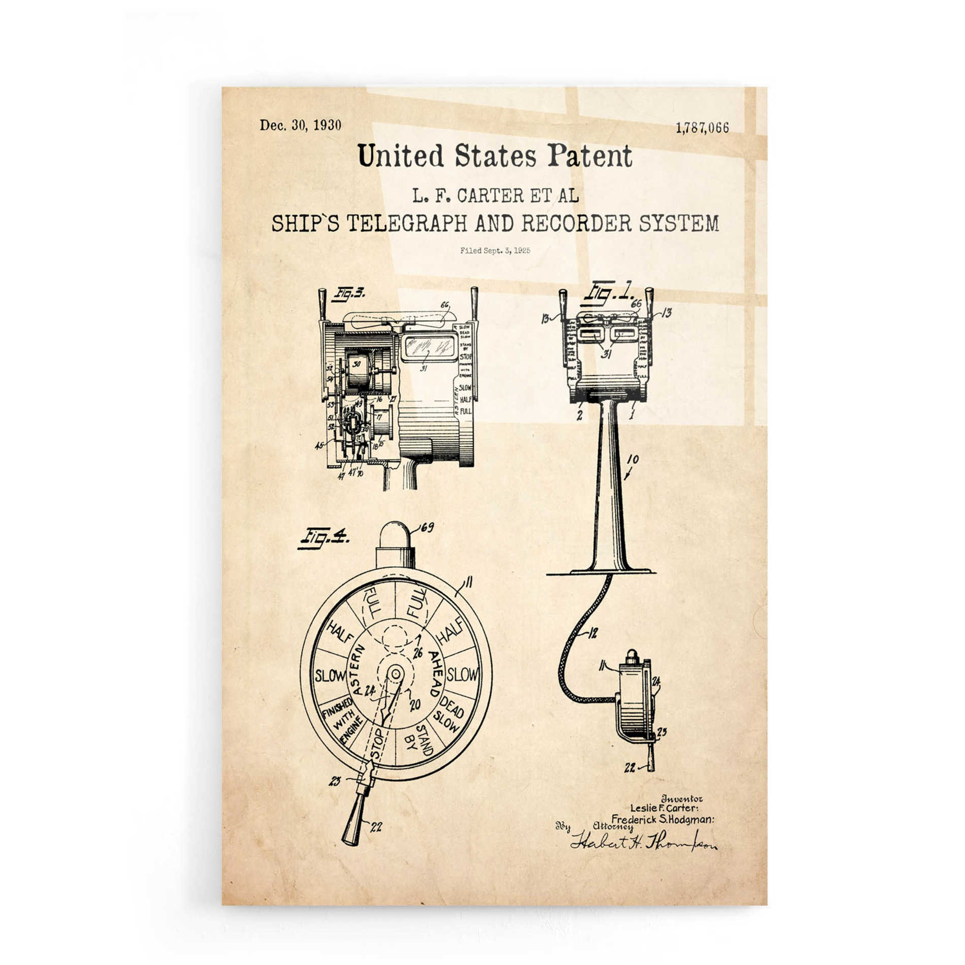 Epic Art 'Ship's Telegraph and Record System Blueprint Patent Parchment,' Acrylic Glass Wall Art,16x24