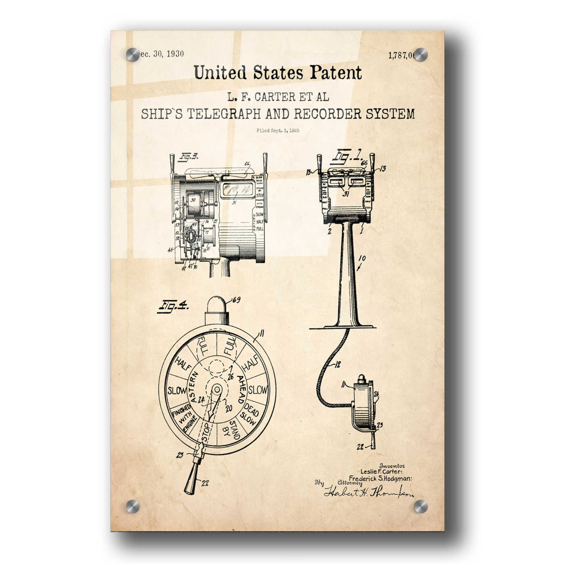 Epic Art 'Ship's Telegraph and Record System Blueprint Patent Parchment,' Acrylic Glass Wall Art,24x36