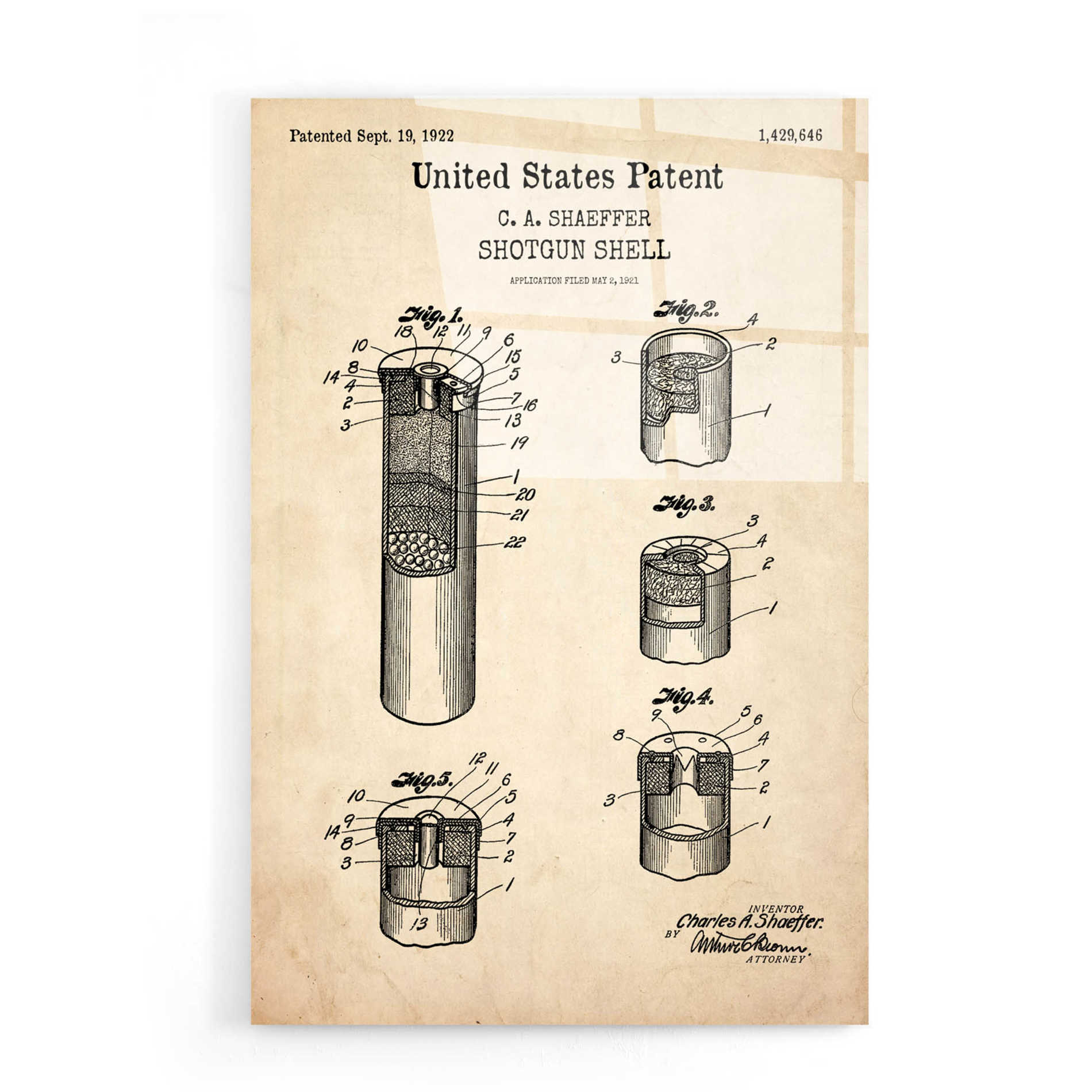 Epic Art 'Shotgun Shell Blueprint Patent Parchment,' Acrylic Glass Wall Art,16x24