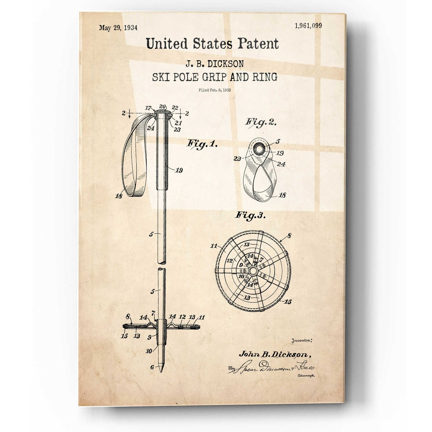 Epic Art 'Ski Pole Grip and Ring Blueprint Patent Parchment,' Acrylic Glass Wall Art,12x16