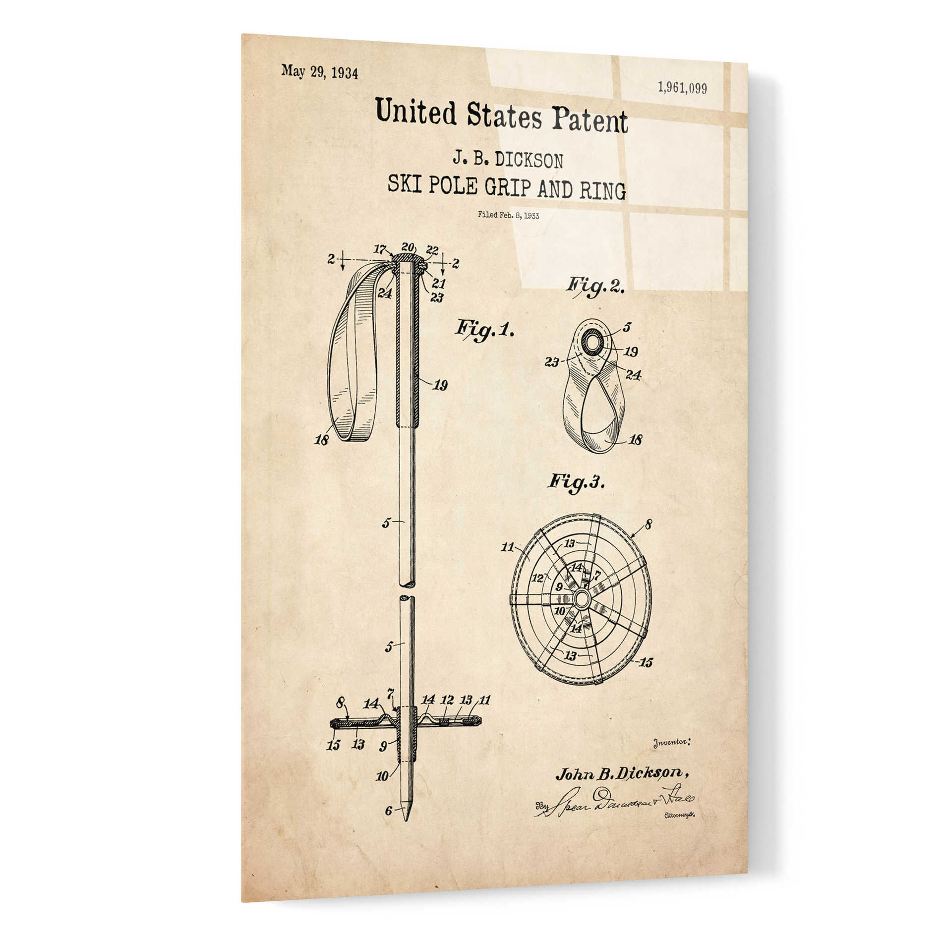 Epic Art 'Ski Pole Grip and Ring Blueprint Patent Parchment,' Acrylic Glass Wall Art,16x24