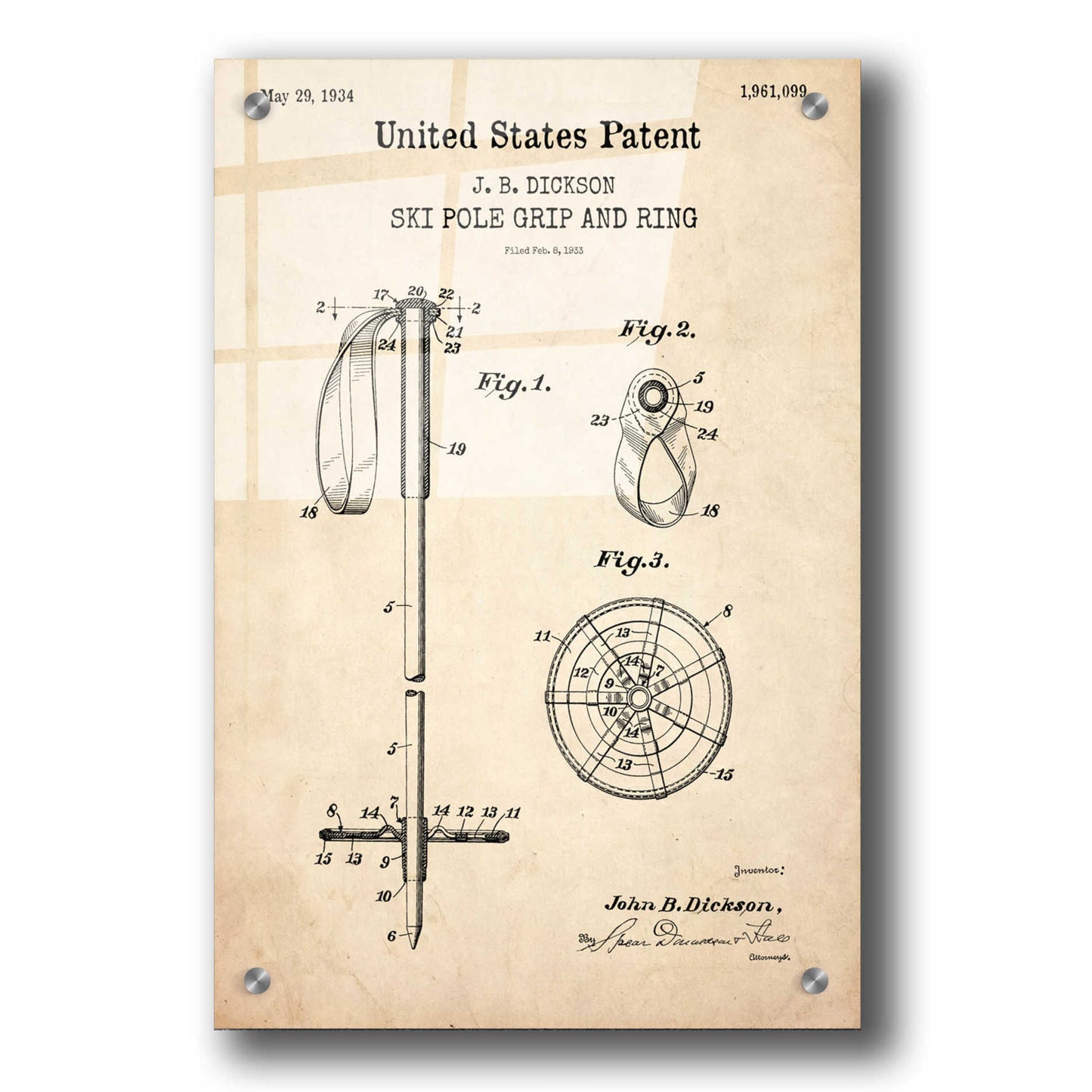 Epic Art 'Ski Pole Grip and Ring Blueprint Patent Parchment,' Acrylic Glass Wall Art,24x36