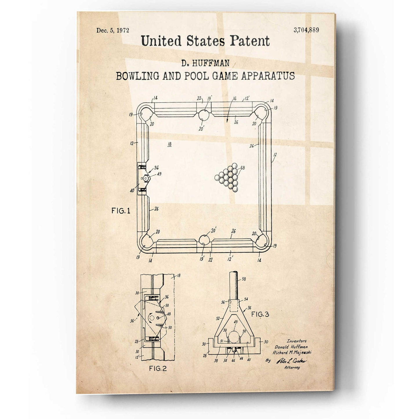 Epic Art 'Bowling and Pool Game Apparatus Blueprint Patent Parchment,' Acrylic Glass Wall Art,12x16