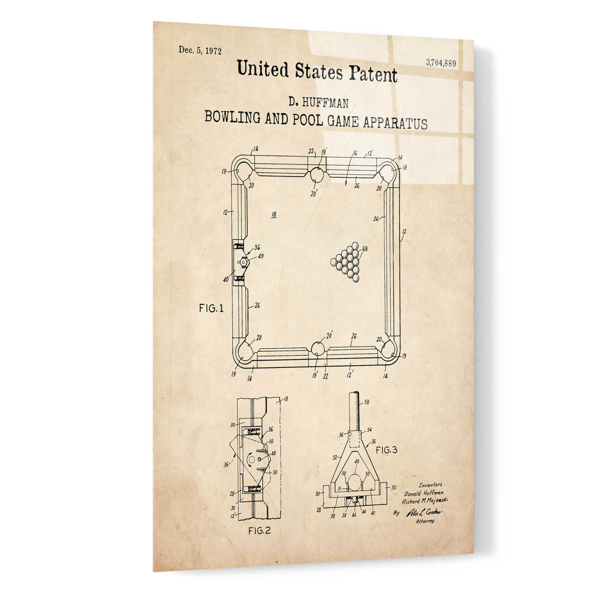 Epic Art 'Bowling and Pool Game Apparatus Blueprint Patent Parchment,' Acrylic Glass Wall Art,16x24