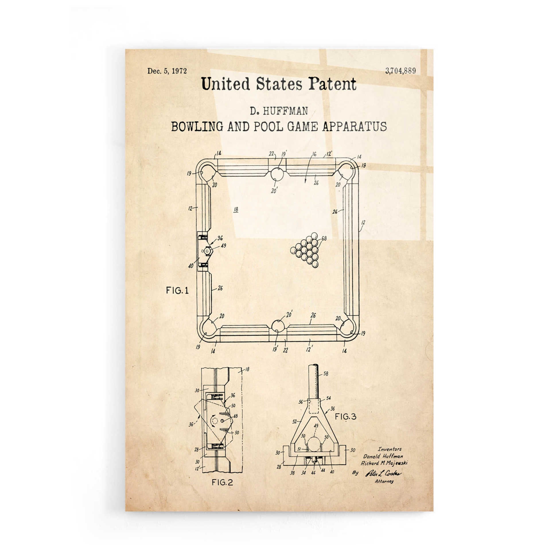 Epic Art 'Bowling and Pool Game Apparatus Blueprint Patent Parchment,' Acrylic Glass Wall Art,16x24