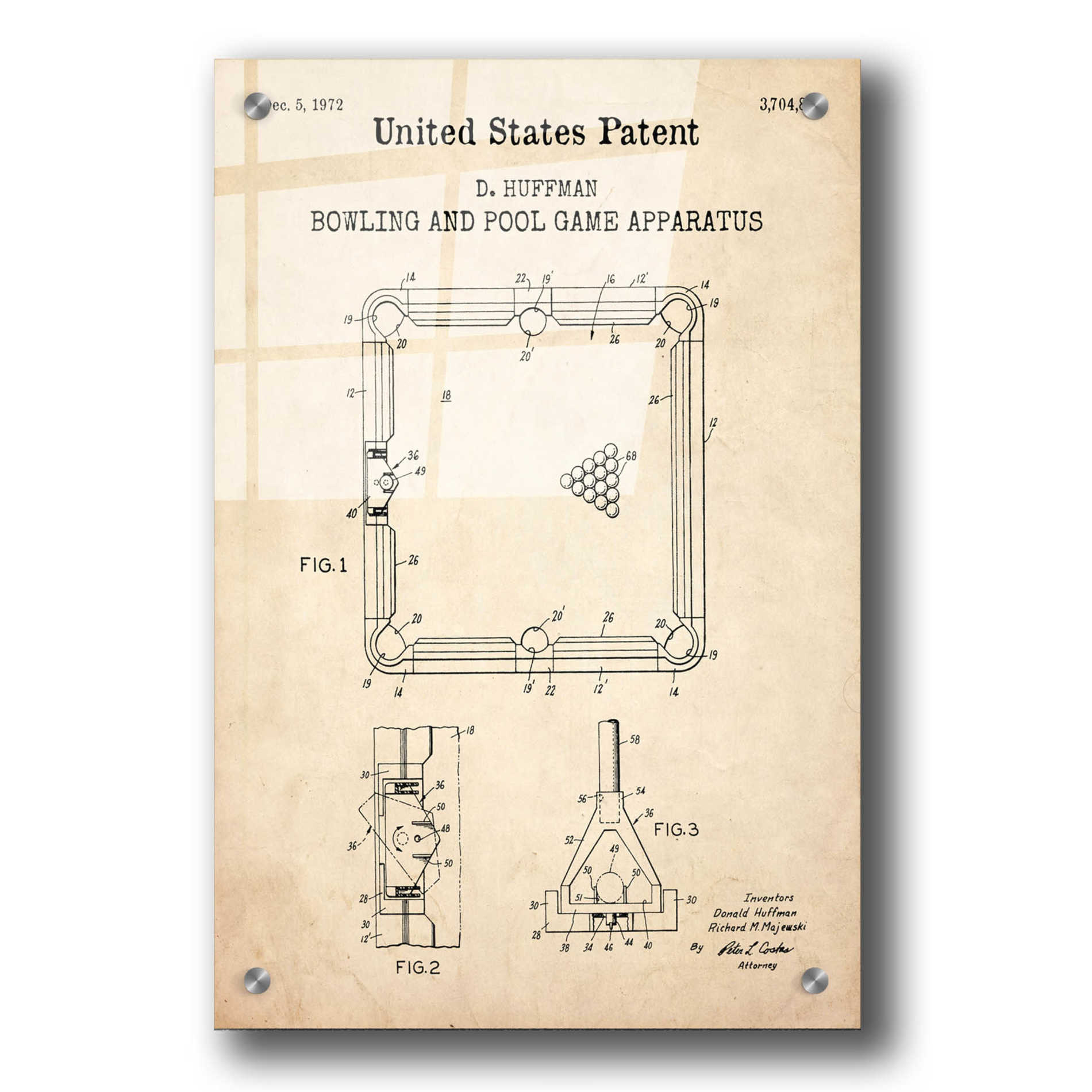 Epic Art 'Bowling and Pool Game Apparatus Blueprint Patent Parchment,' Acrylic Glass Wall Art,24x36