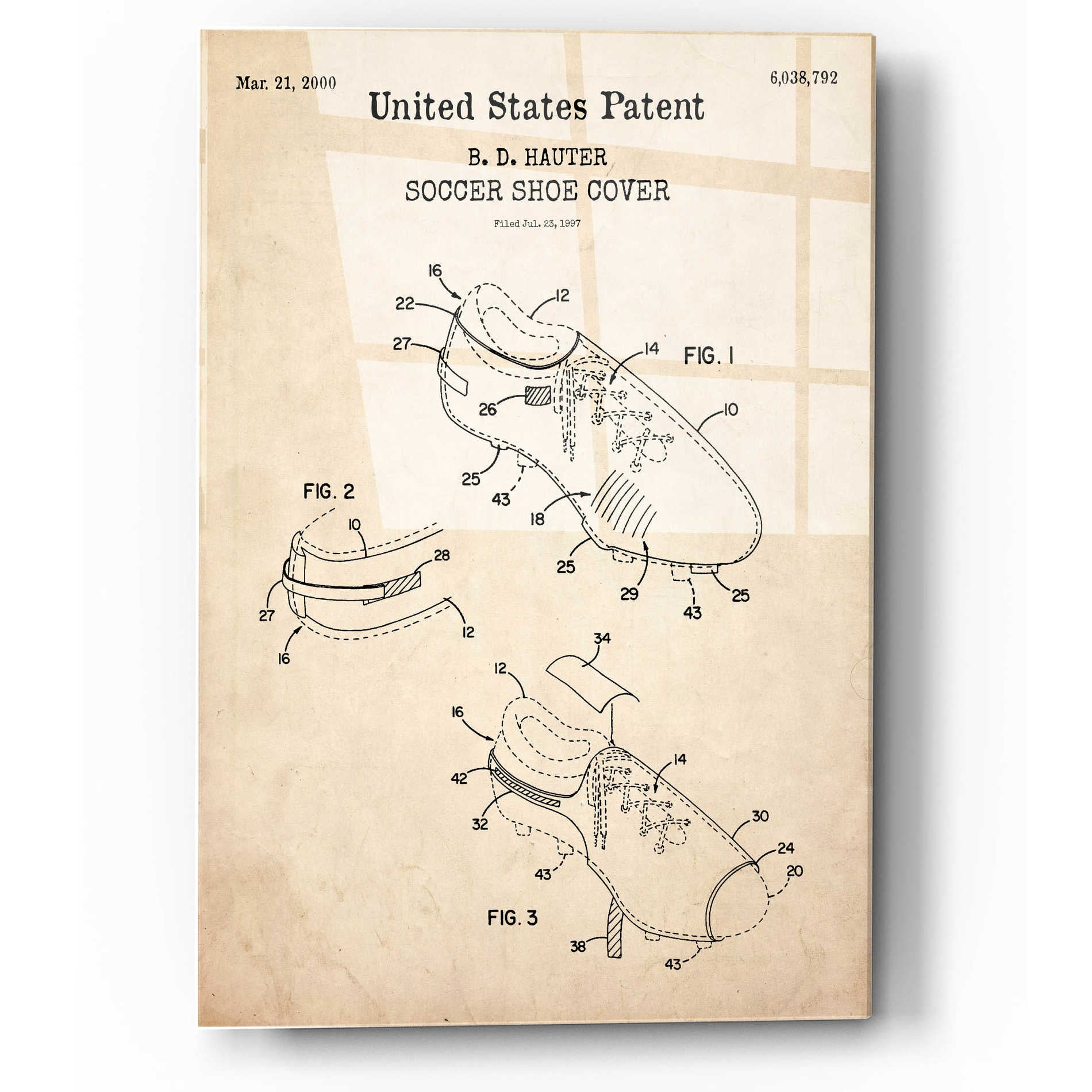 Epic Art 'Soccer Shoe Cover Blueprint Patent Parchment,' Acrylic Glass Wall Art,12x16