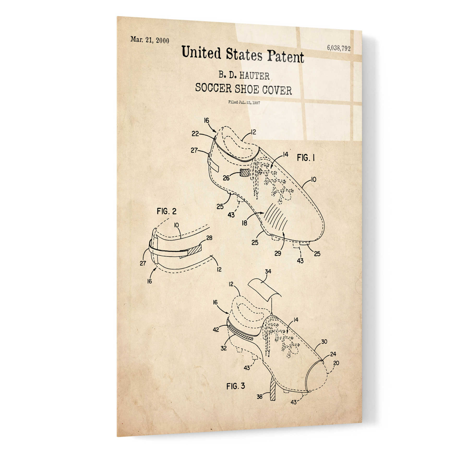 Epic Art 'Soccer Shoe Cover Blueprint Patent Parchment,' Acrylic Glass Wall Art,16x24